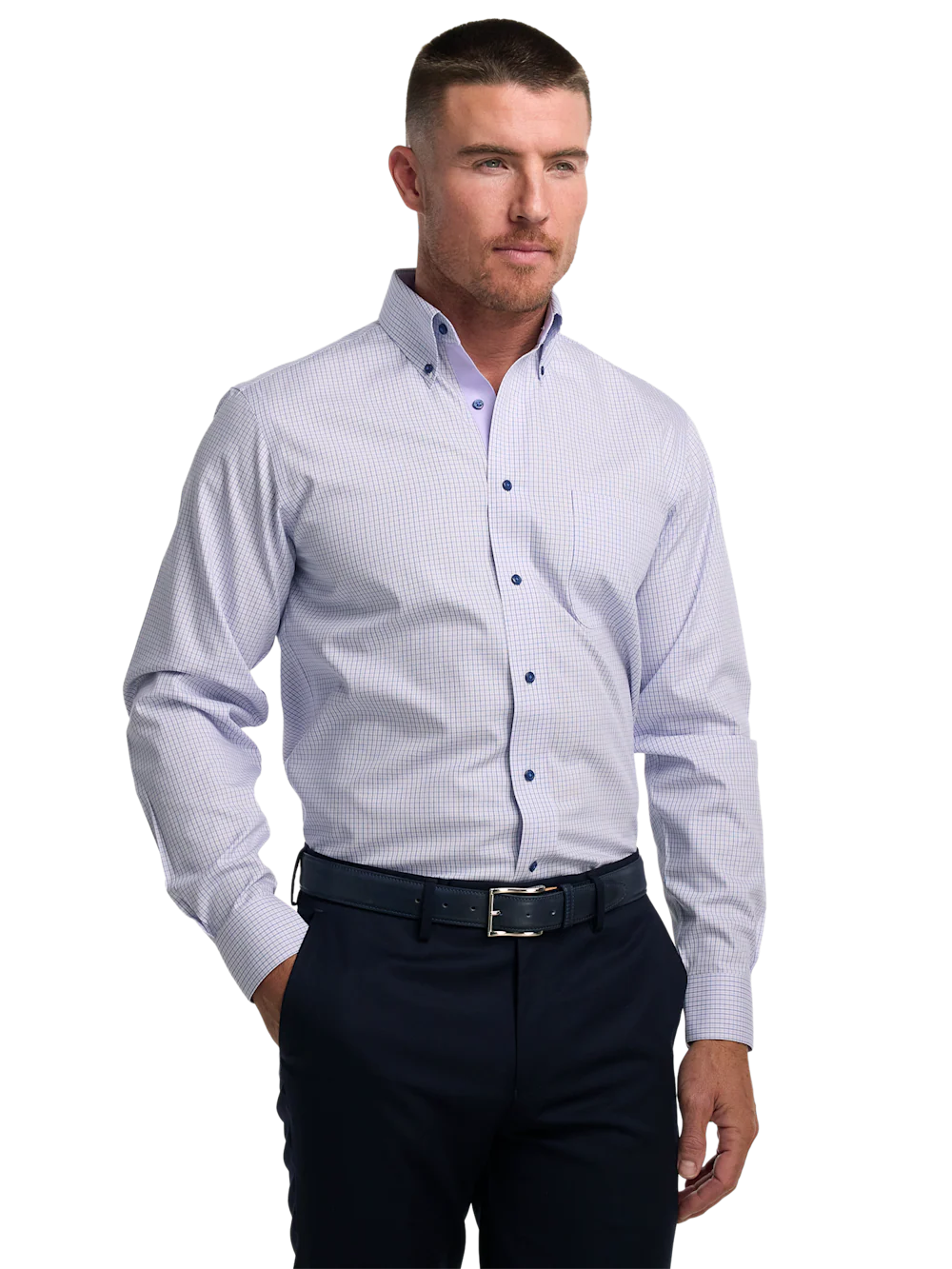 Non-Iron Cotton Check Dress Shirt With Contrast Trim - Purple - Image 2