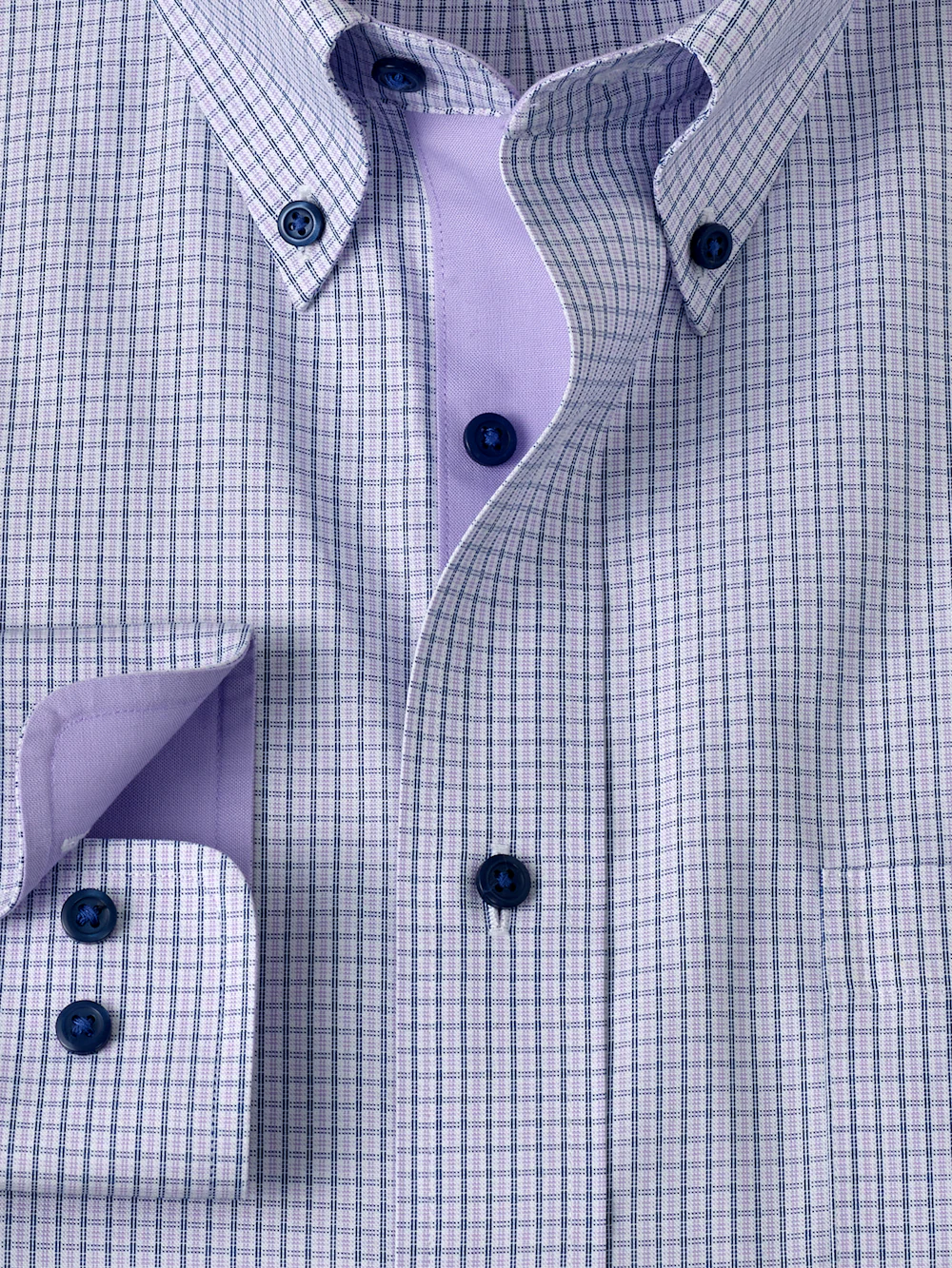 Non-Iron Cotton Check Dress Shirt With Contrast Trim - Purple - Image 6