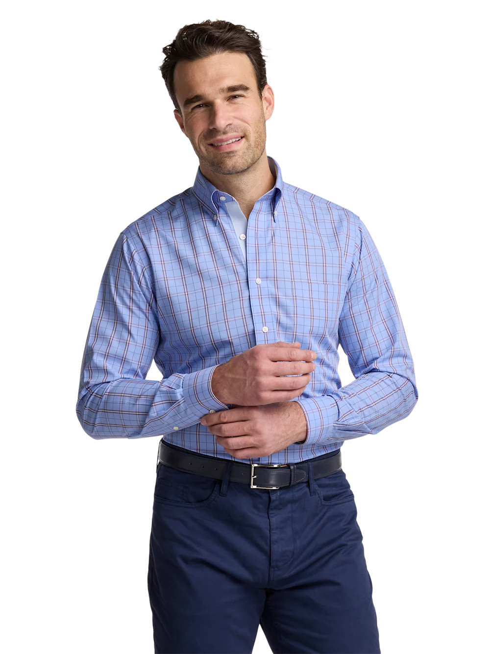 Non-Iron Cotton Check Dress Shirt With Contrast Trim - Blue - Image 2
