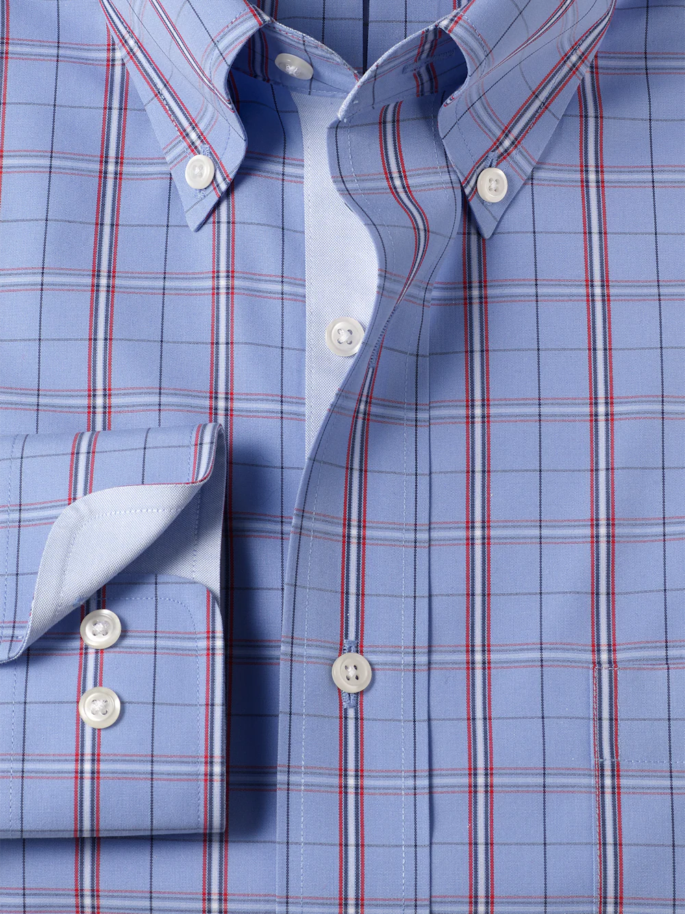 Non-Iron Cotton Check Dress Shirt With Contrast Trim - Blue - Image 6