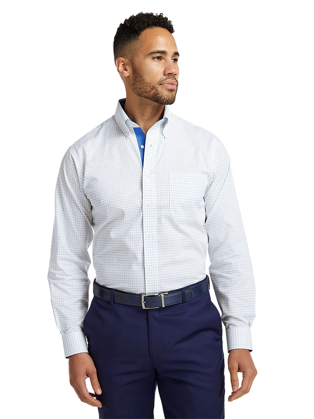 Non-Iron Cotton Check Dress Shirt With Contrast Trim - Blue - Image 2