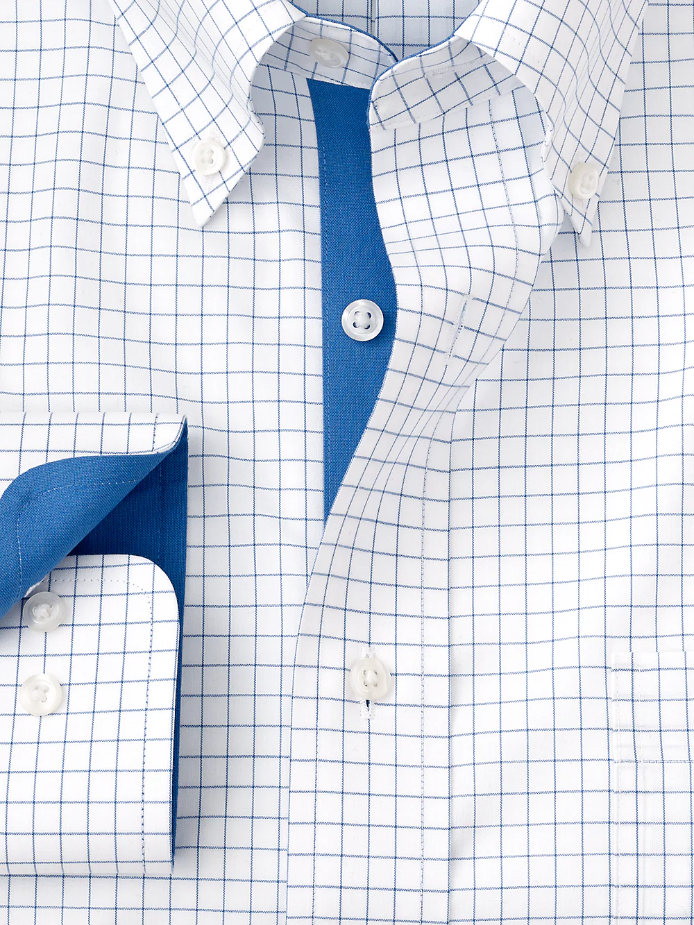 Non-Iron Cotton Check Dress Shirt With Contrast Trim - Blue - Image 6