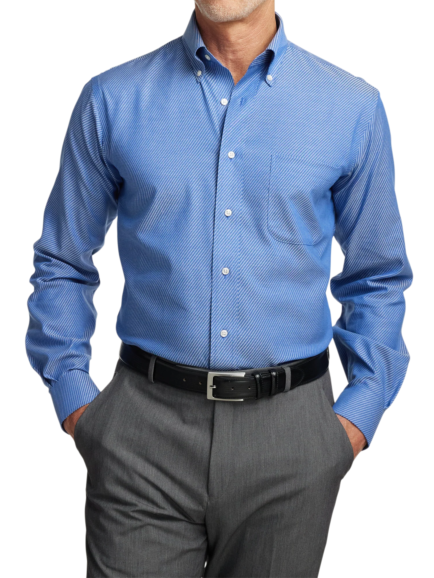 Non-Iron Cotton Diagonal Stripe Dress Shirt - Blue - Image 2