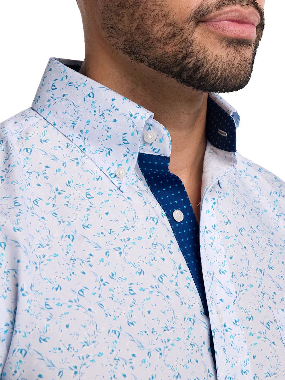 Non-Iron Cotton Floral Dress Shirt With Contrast Trim - Teal - Image 3