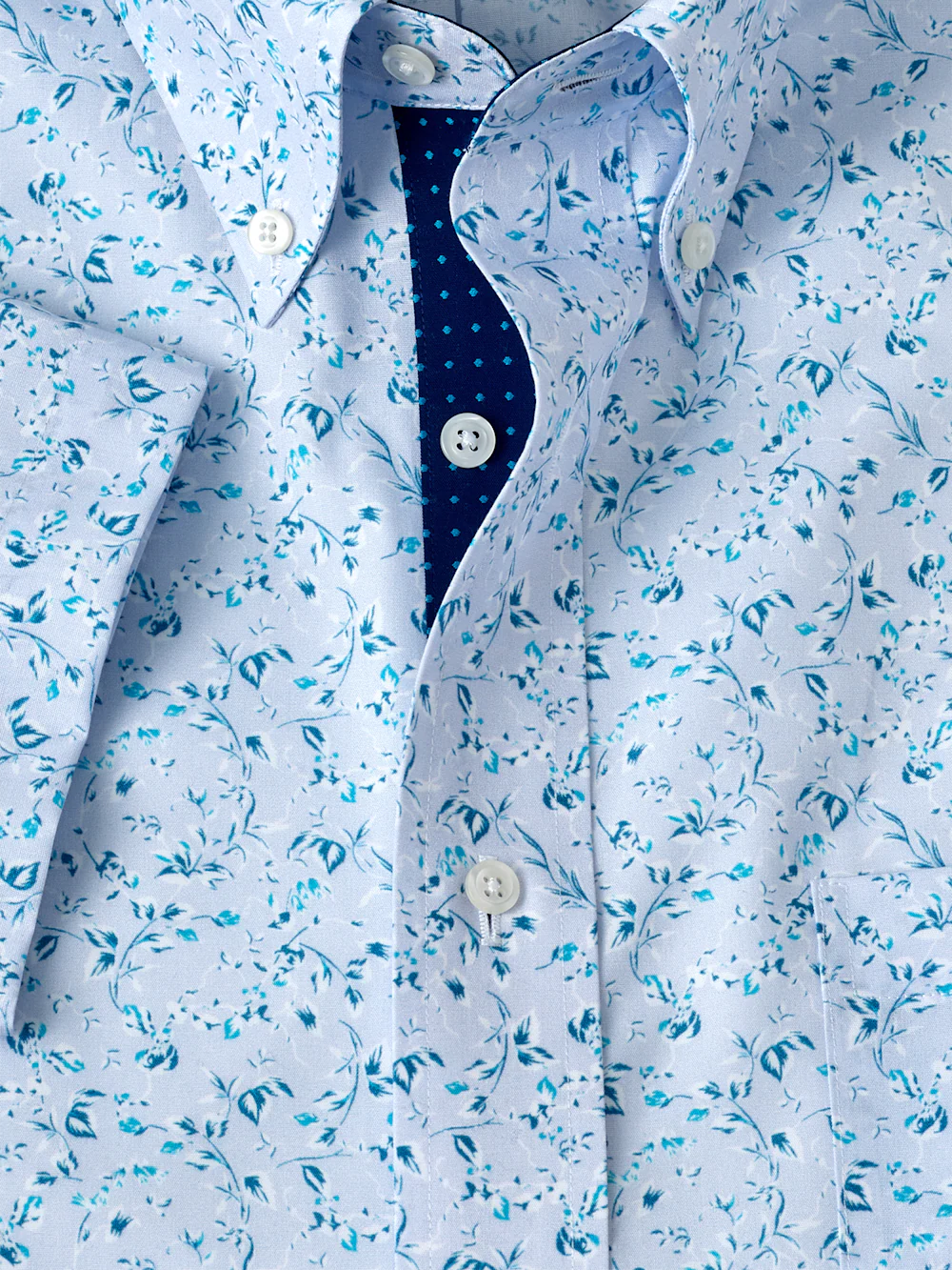 Non-Iron Cotton Floral Dress Shirt With Contrast Trim - Teal - Image 6