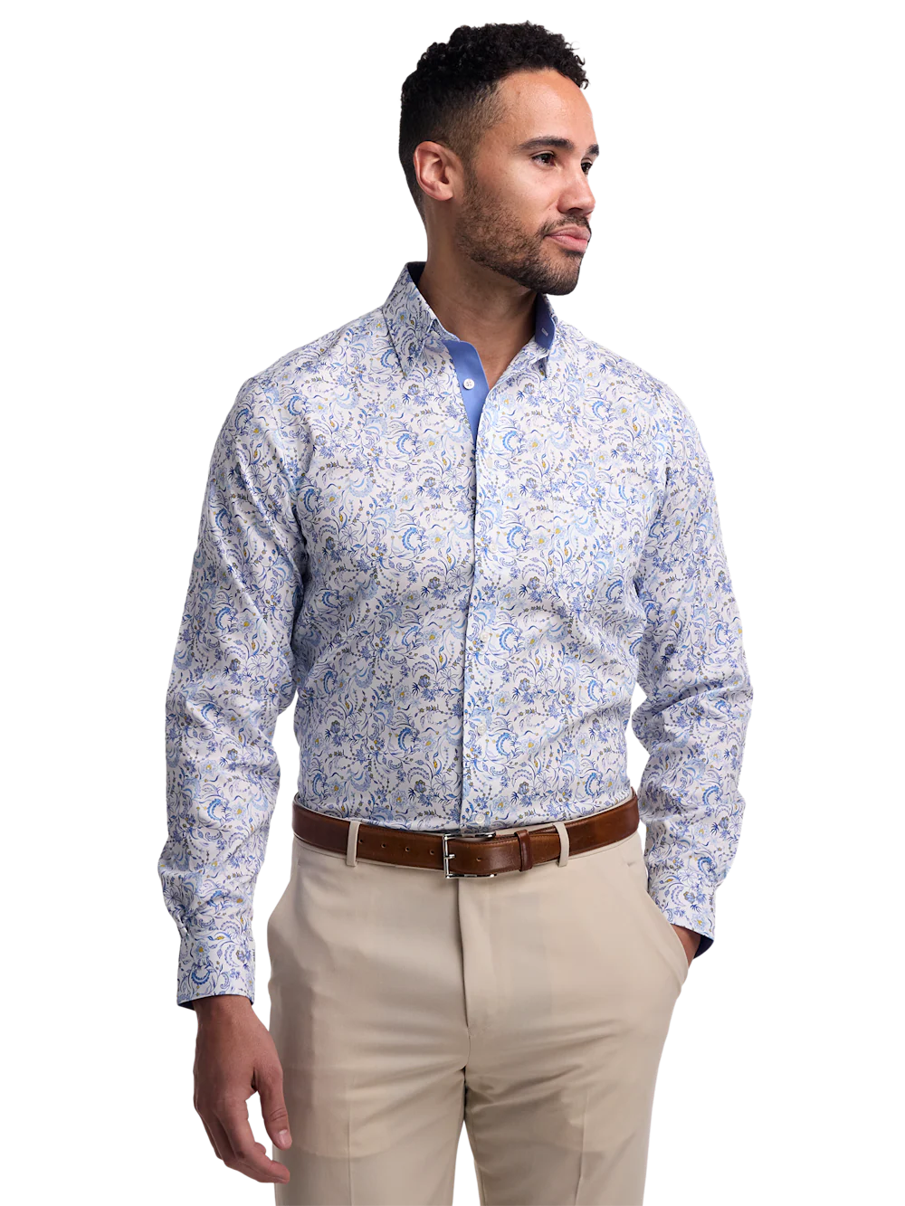 Non-Iron Cotton Floral Dress Shirt With Contrast Trim - White/blue - Image 2