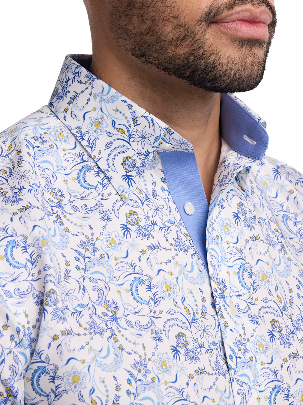 Non-Iron Cotton Floral Dress Shirt With Contrast Trim - White/blue - Image 3