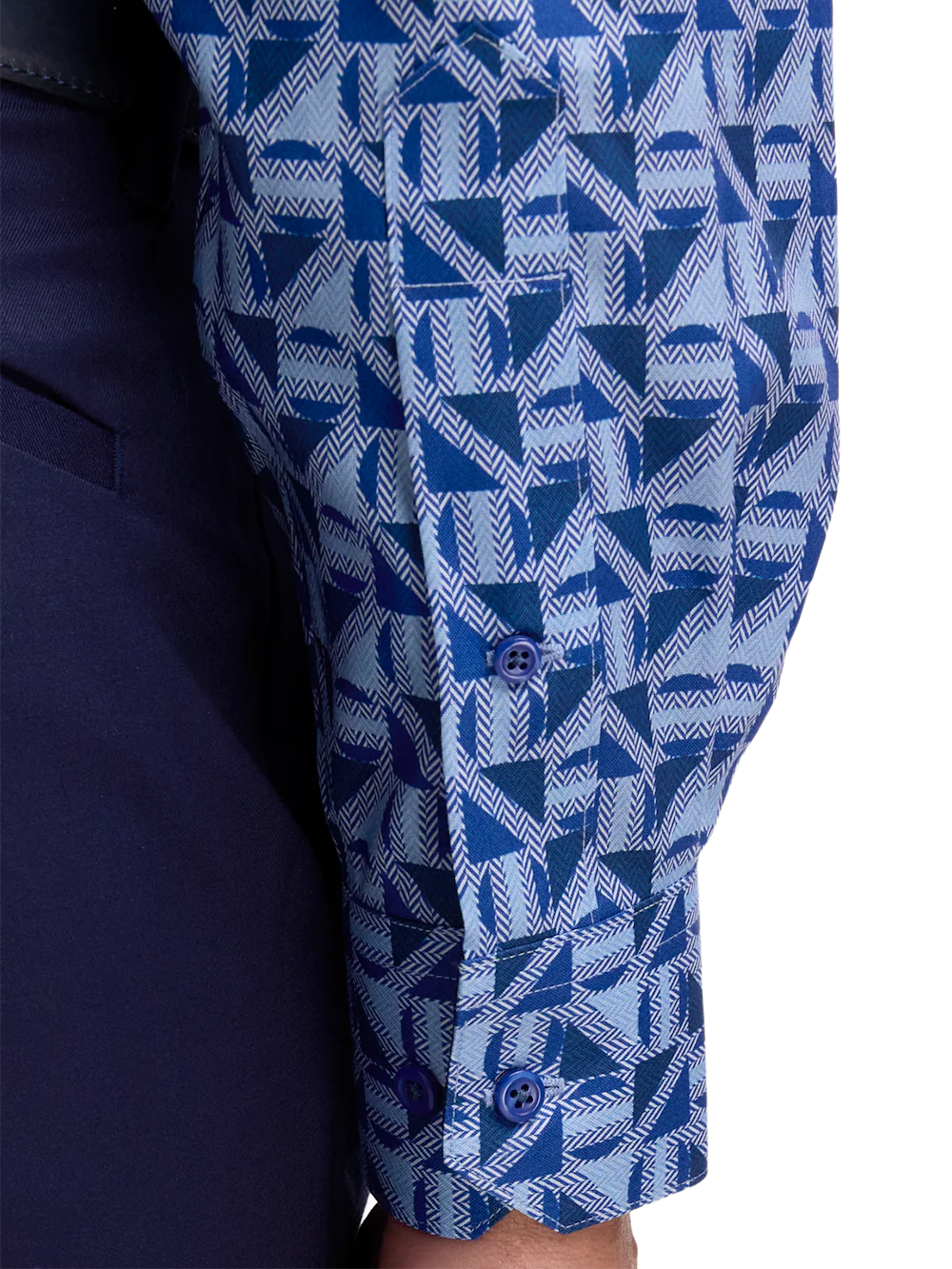 Non-Iron Cotton Geometric Dress Shirt With Contrast Trim - Blue - Image 4