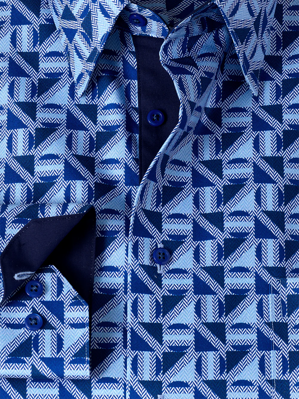 Non-Iron Cotton Geometric Dress Shirt With Contrast Trim - Blue - Image 6