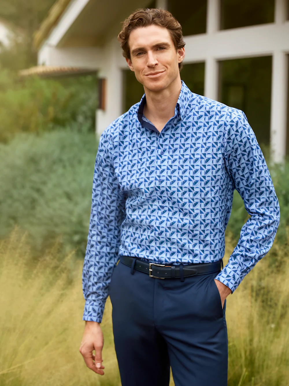 Non-Iron Cotton Geometric Dress Shirt With Contrast Trim - Blue - Image 7