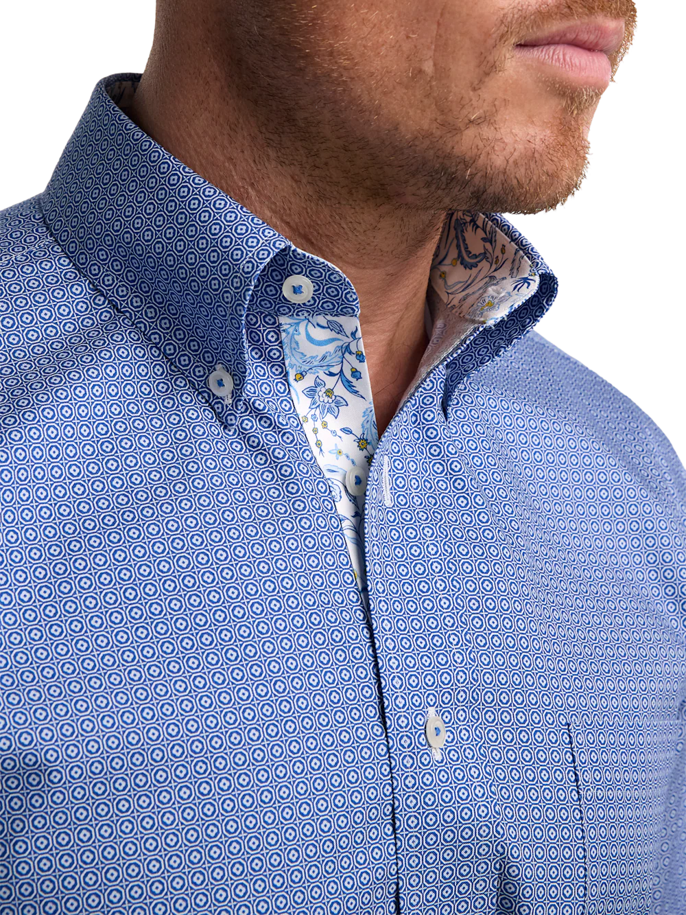 Non-Iron Cotton Geometric Dress Shirt With Contrast Trim - Blue - Image 3