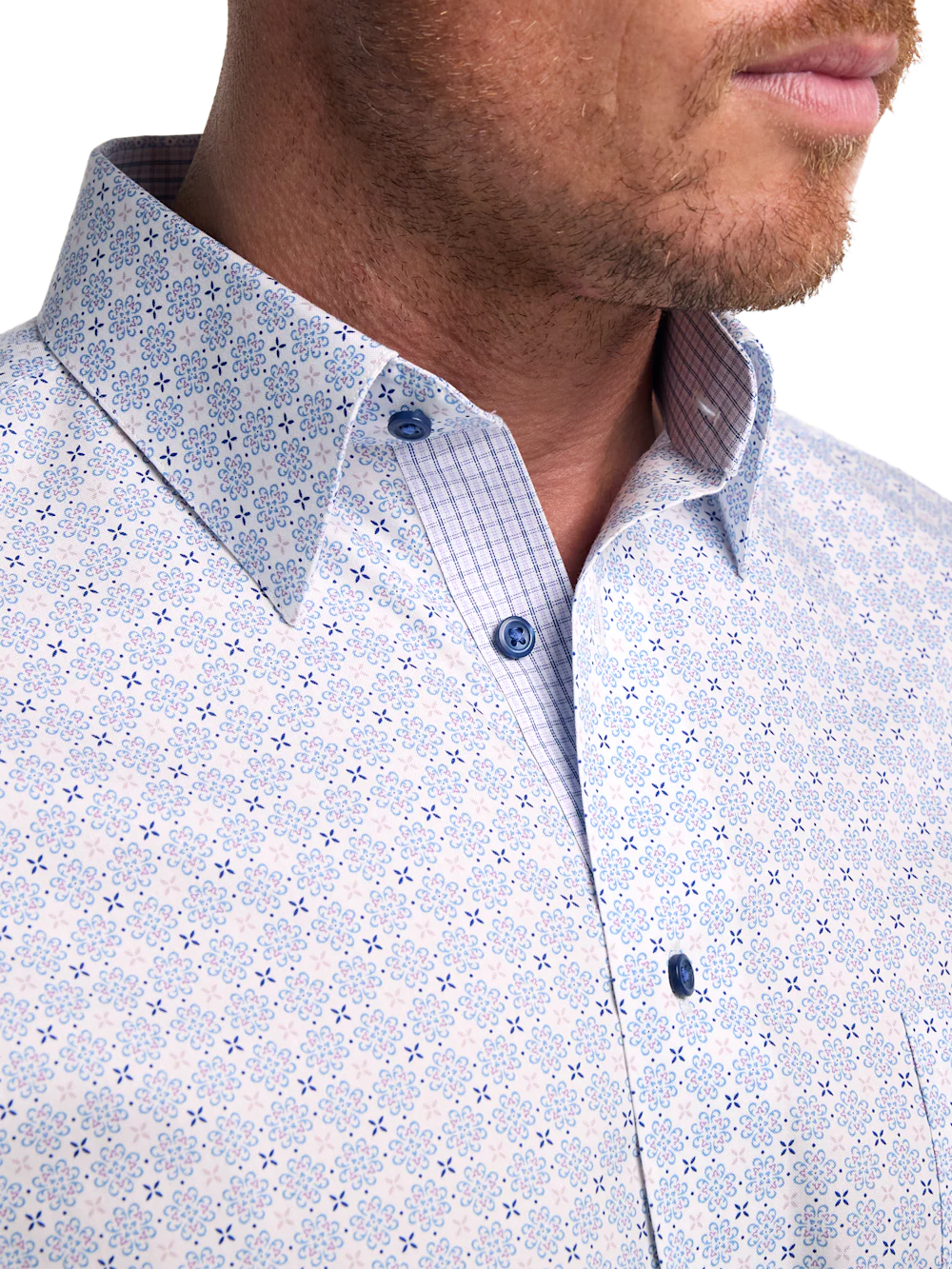 Non-Iron Cotton Geometric Dress Shirt With Contrast Trim - White/purple - Image 3