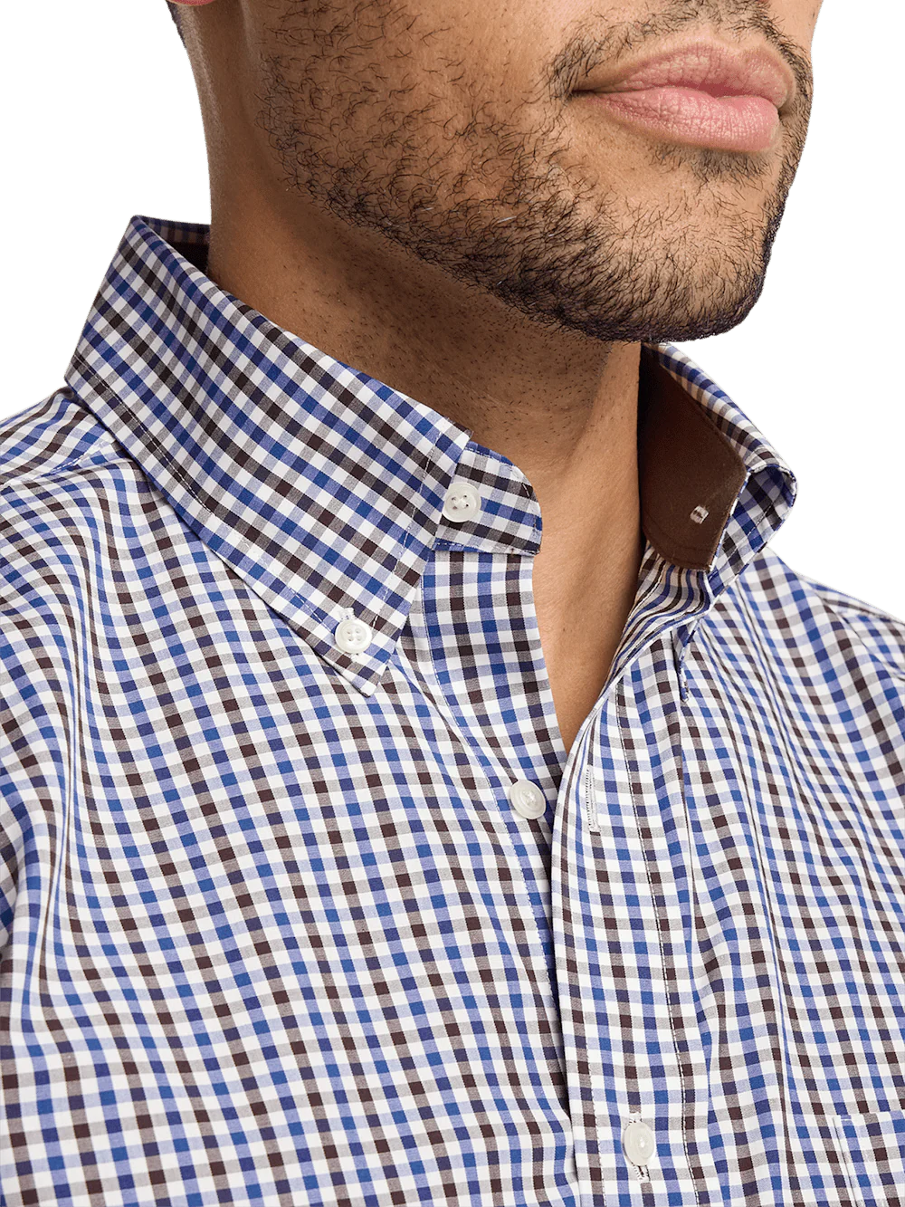Non-Iron Cotton Gingham Dress Shirt With Contrast Trim - Blue/brown - Image 3