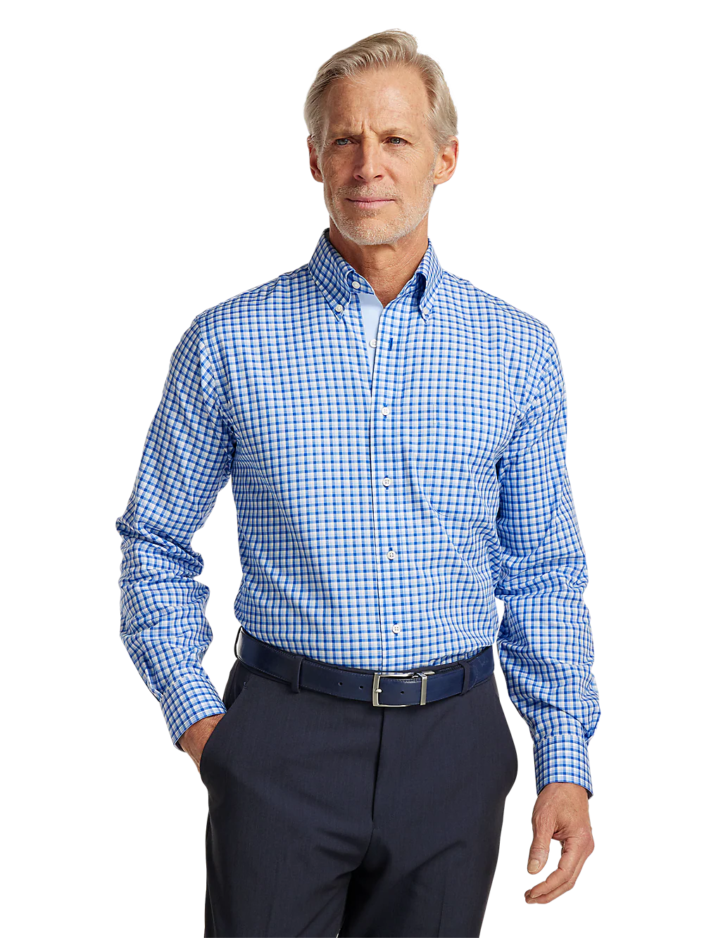 Non-Iron Cotton Gingham Dress Shirt With Contrast Trim - Blue - Image 2