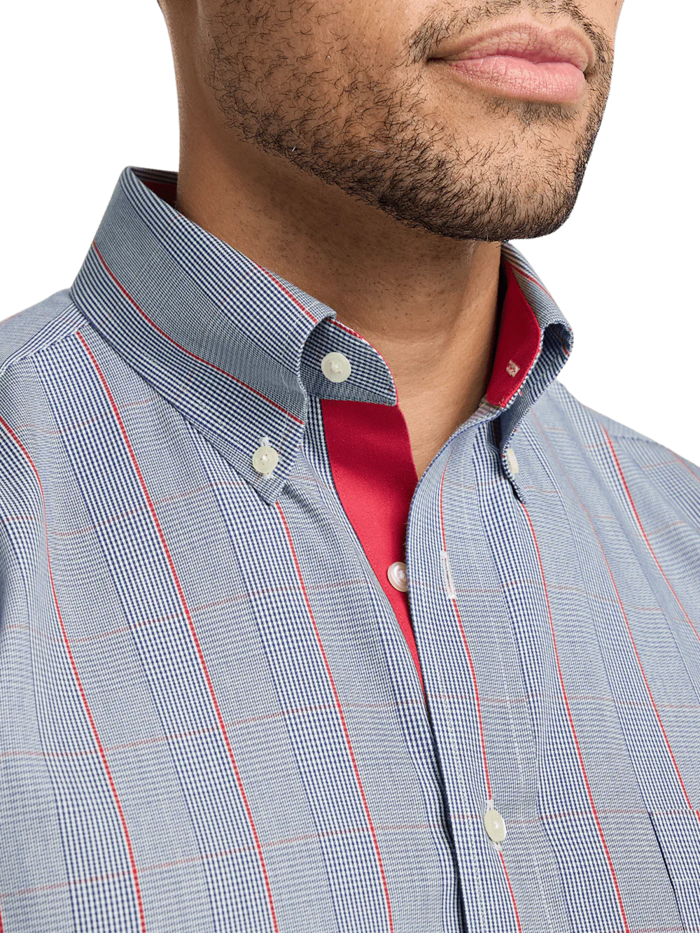Non-Iron Cotton Glen Plaid Dress Shirt With Contrast Trim - Navy/red - Image 3