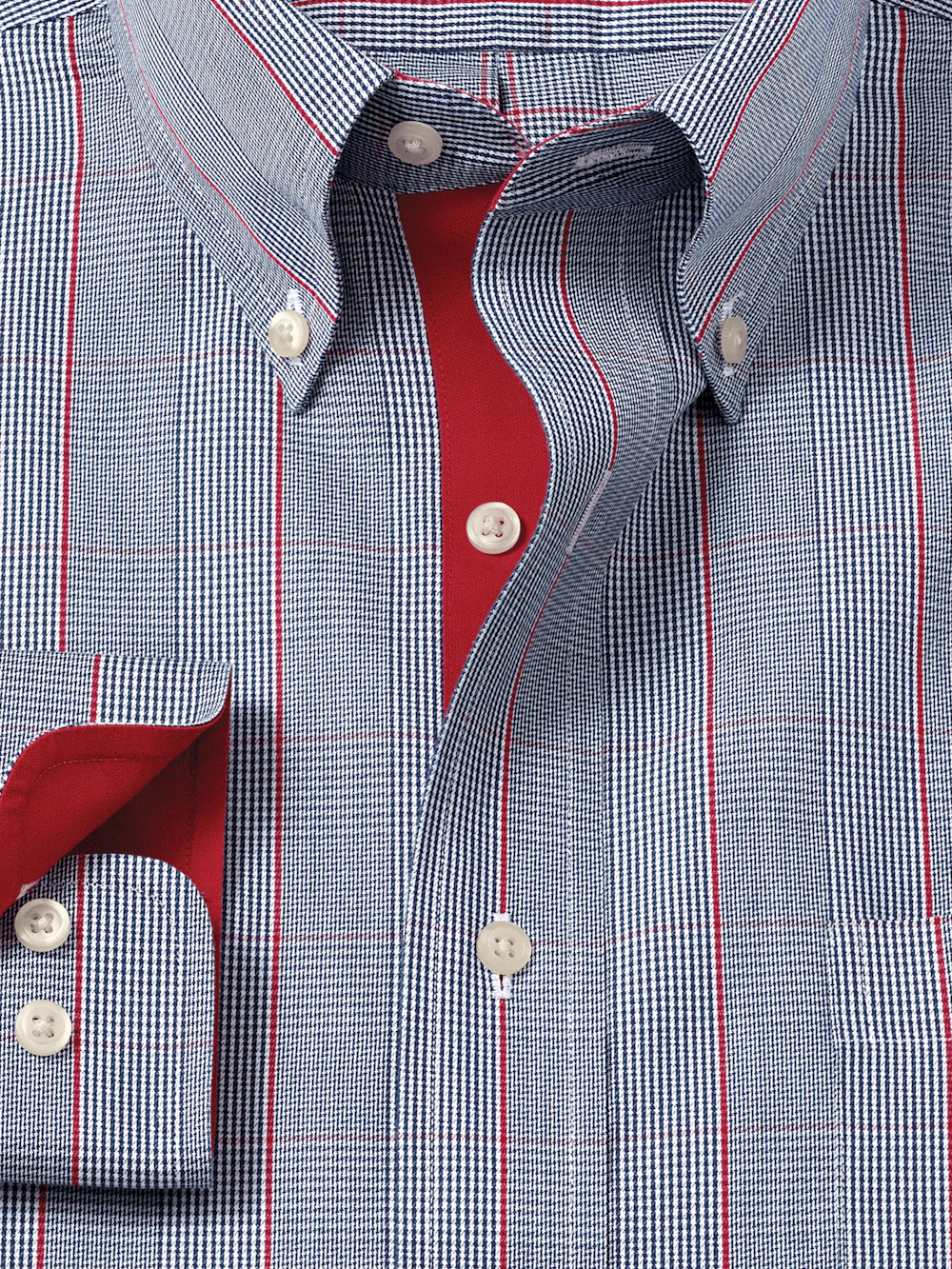 Non-Iron Cotton Glen Plaid Dress Shirt With Contrast Trim - Navy/red - Image 6