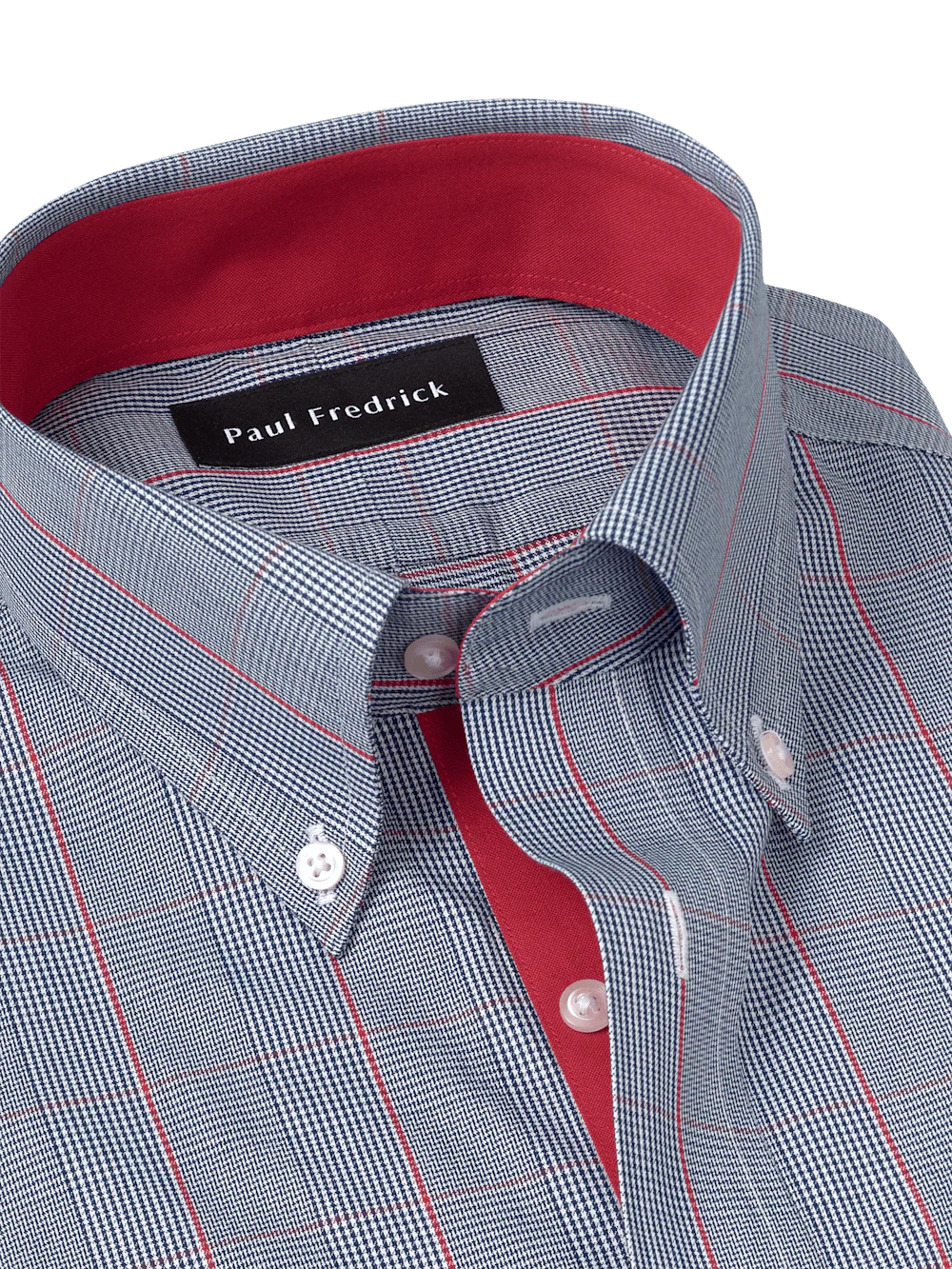 Non-Iron Cotton Glen Plaid Dress Shirt With Contrast Trim - Navy/red - Image 7