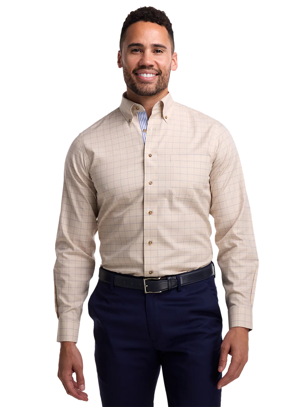 Non-Iron Cotton Glen Plaid Dress Shirt With Contrast Trim - Tan - Image 2