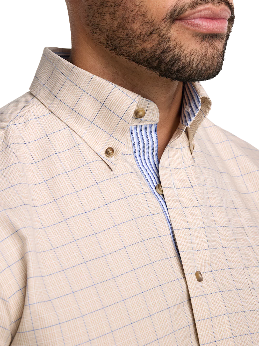 Non-Iron Cotton Glen Plaid Dress Shirt With Contrast Trim - Tan - Image 3