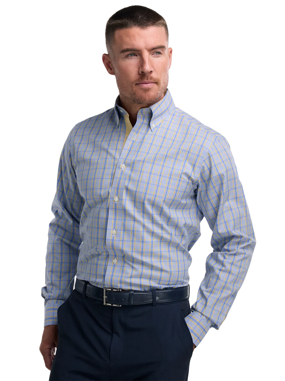 Non-Iron Cotton Glen Plaid Dress Shirt With Contrast Trim - Blue/yellow - Image 2