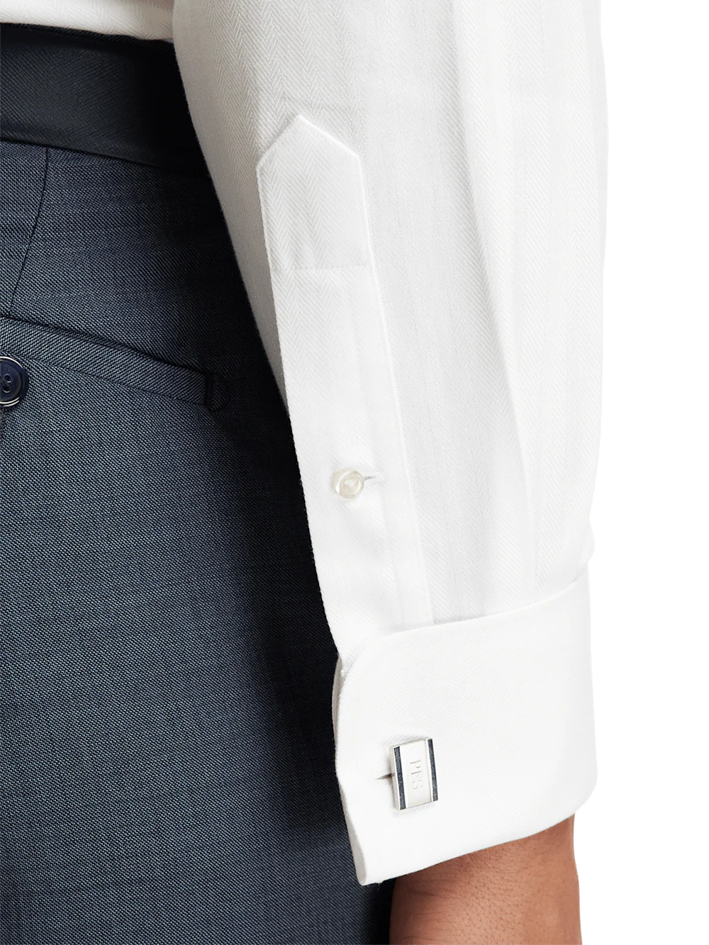 Non-Iron Cotton Herringbone Point Collar French Cuff Dress Shirt - White - Image 4