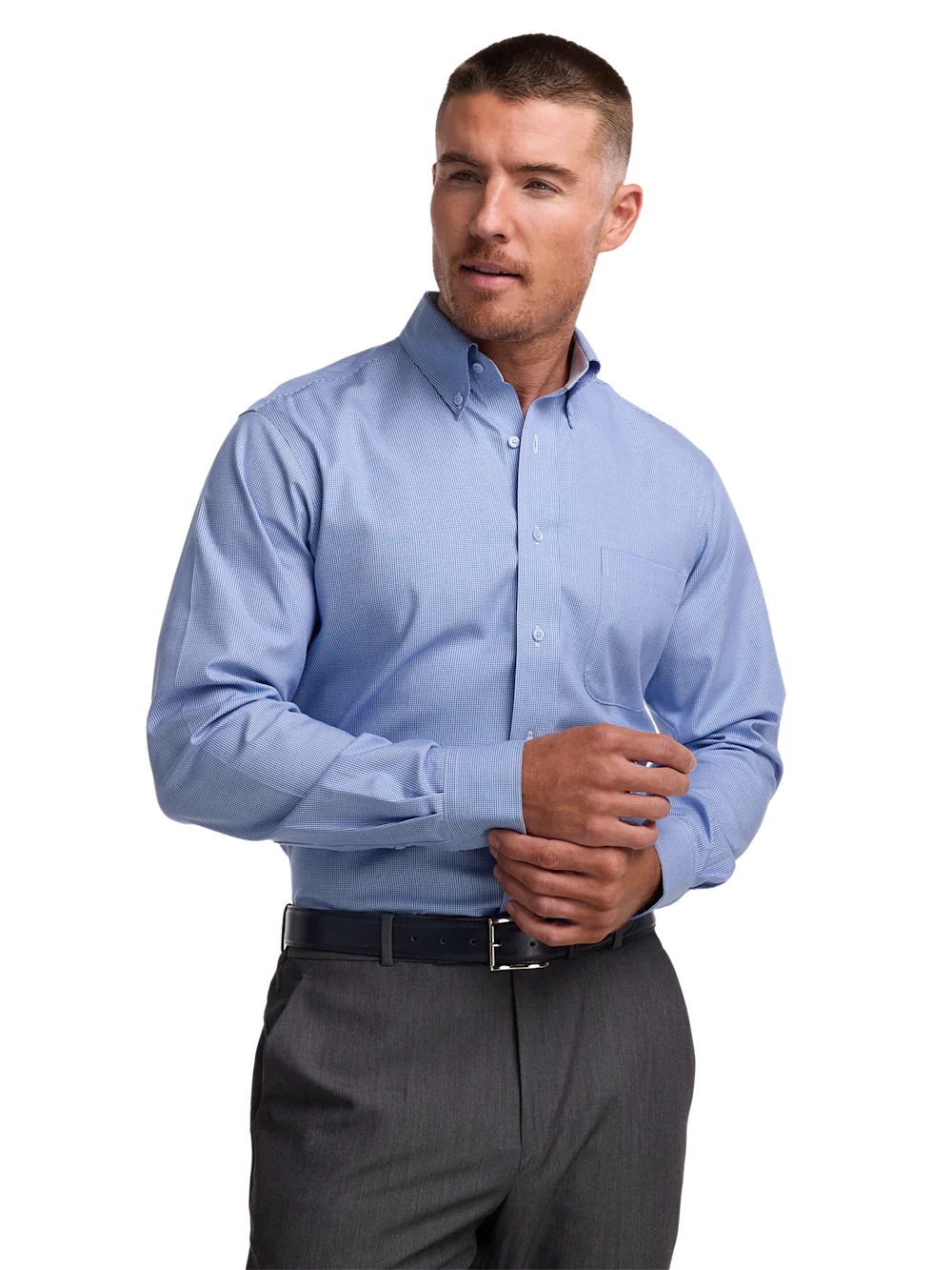 Non-Iron Cotton Houndstooth Dress Shirt With Contrast Trim - Blue - Image 2