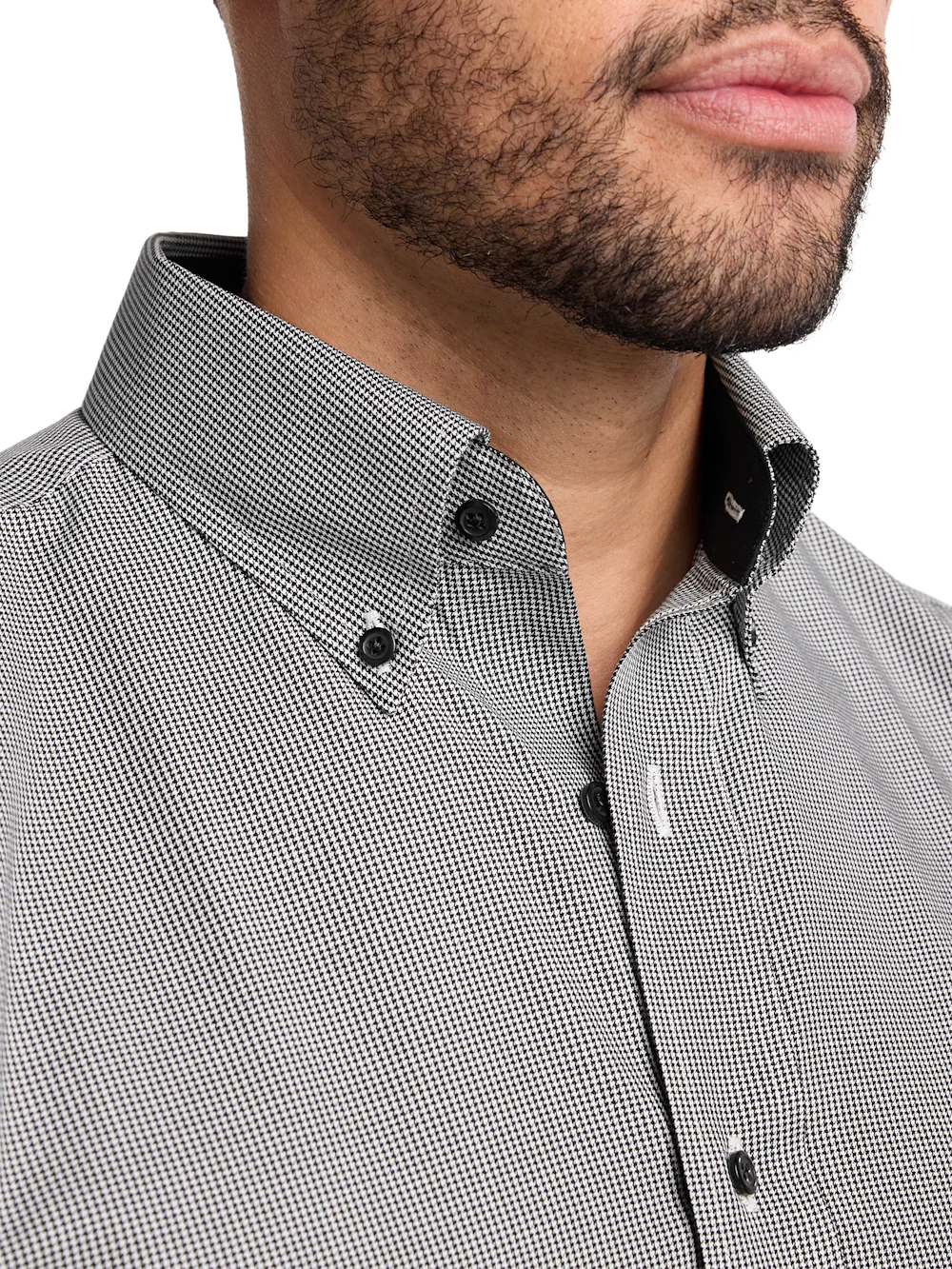 Non-Iron Cotton Houndstooth Dress Shirt With Contrast Trim - Black - Image 3