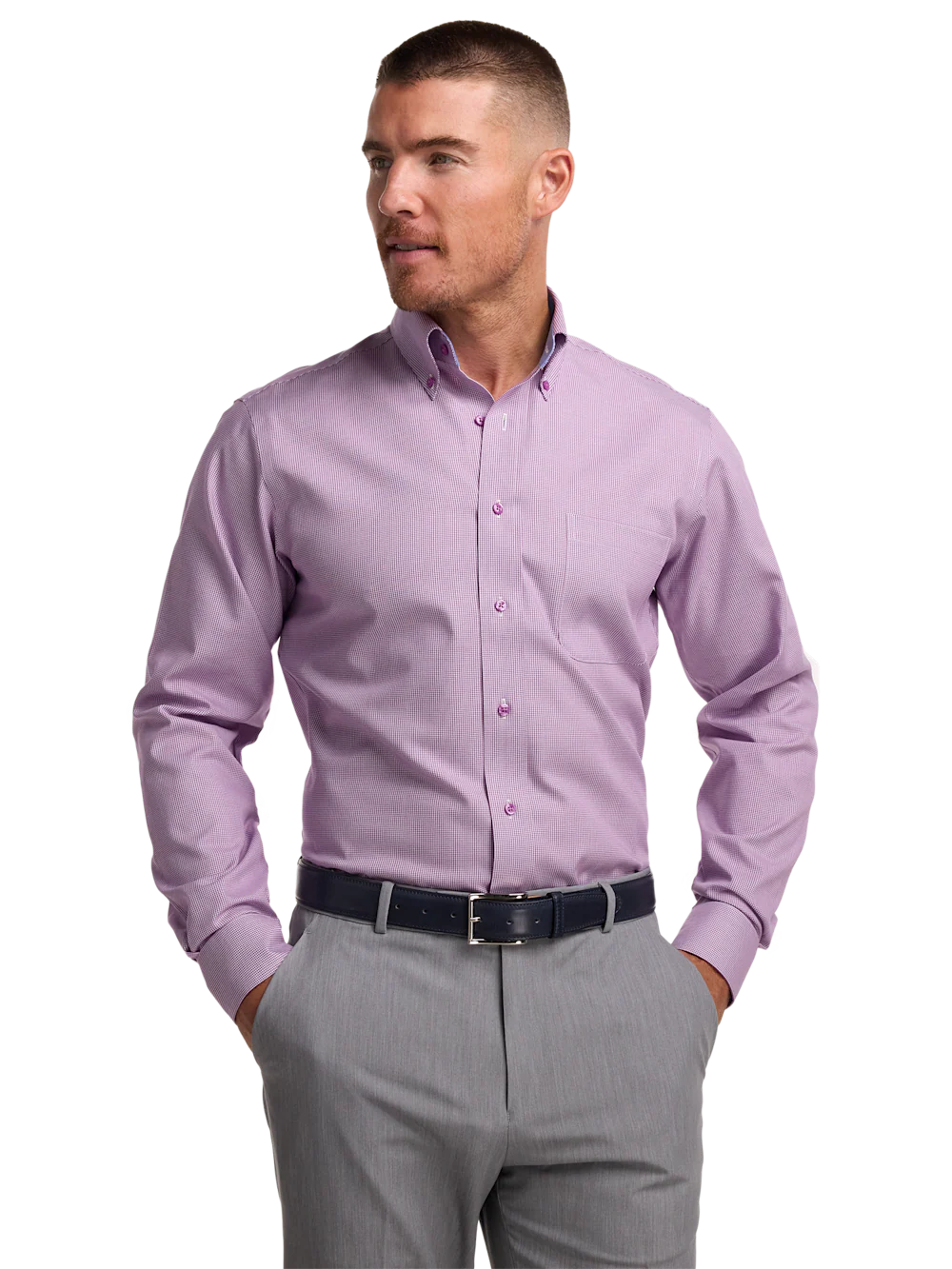 Non-Iron Cotton Houndstooth Dress Shirt With Contrast Trim - Purple - Image 2