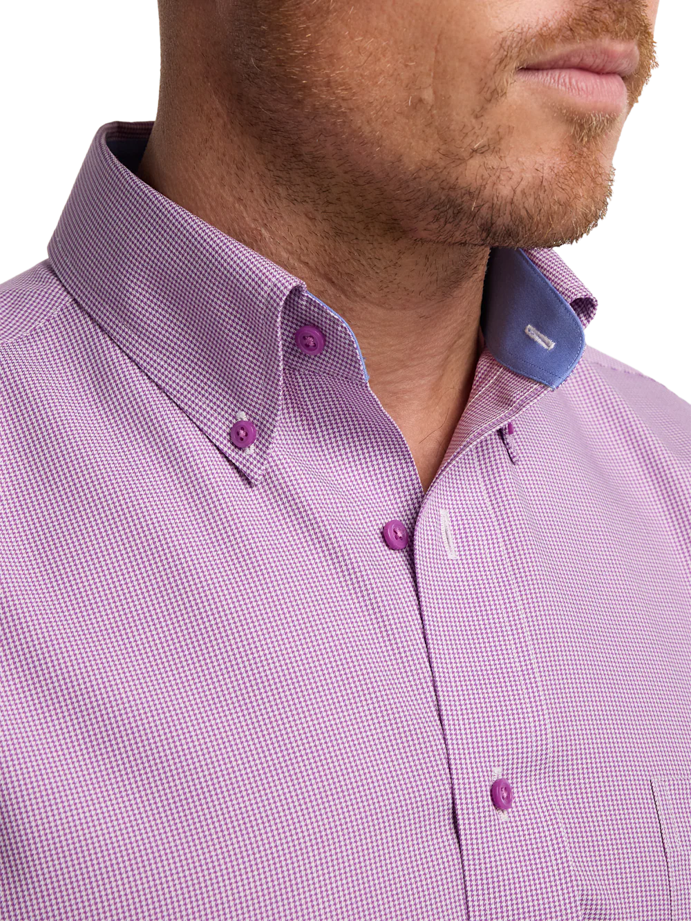 Non-Iron Cotton Houndstooth Dress Shirt With Contrast Trim - Purple - Image 3