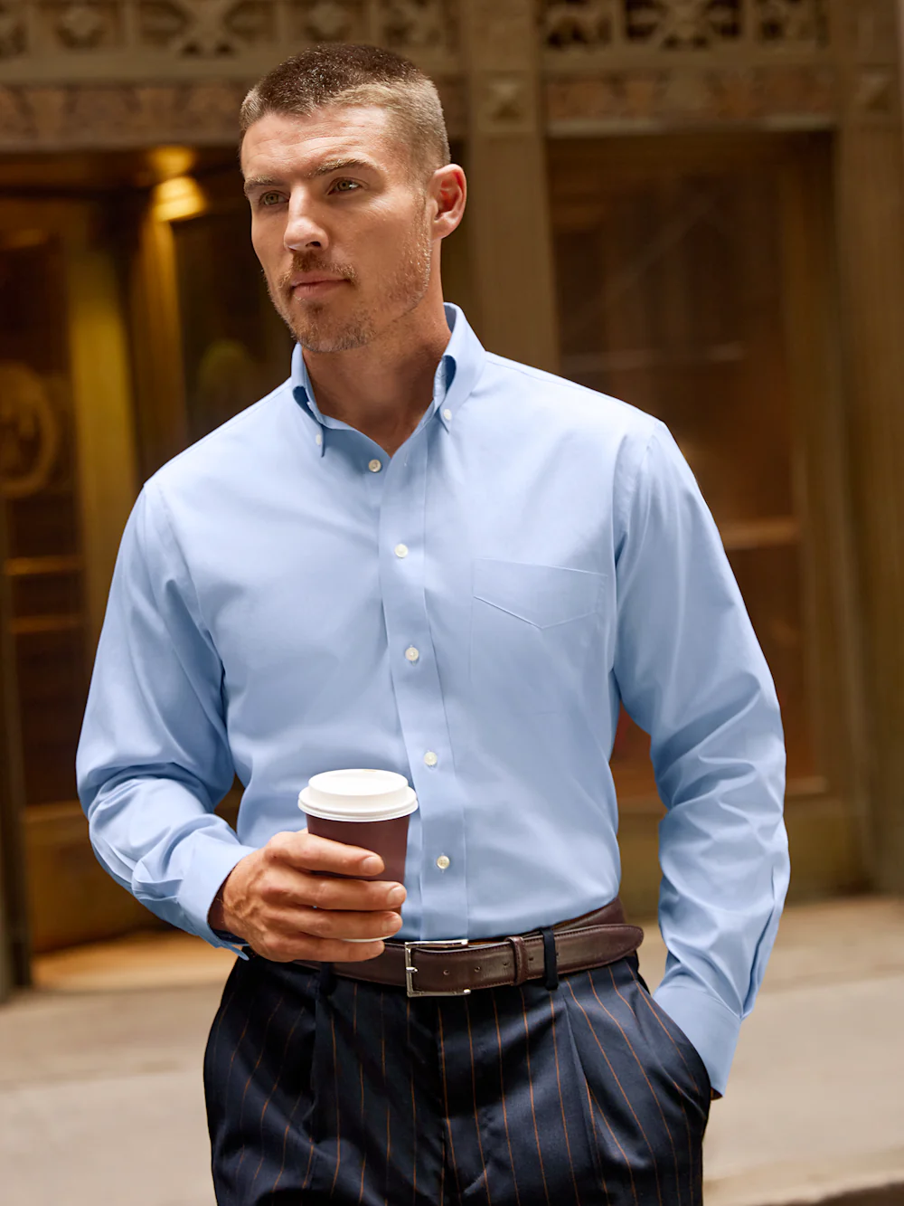 Non-Iron Cotton Pinpoint Solid Button Down Collar Dress Shirt - Blue - Image 8