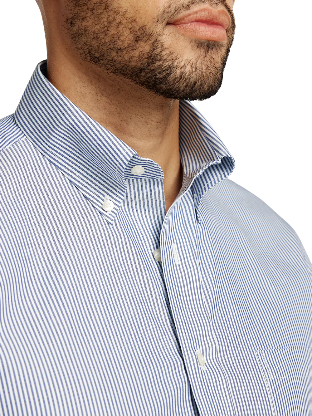 Non-Iron Cotton Pinpoint Solid Button Down Collar Dress Shirt - Blue Stripe - Image 3