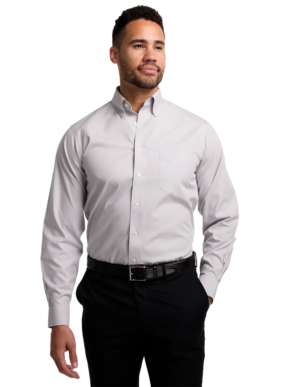 Non-Iron Cotton Pinpoint Solid Button Down Collar Dress Shirt - Grey - Image 2
