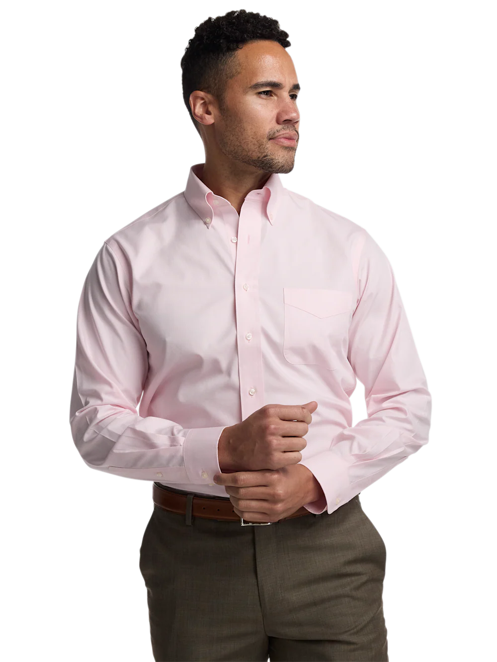 Non-Iron Cotton Pinpoint Solid Button Down Collar Dress Shirt - Pink - Image 2
