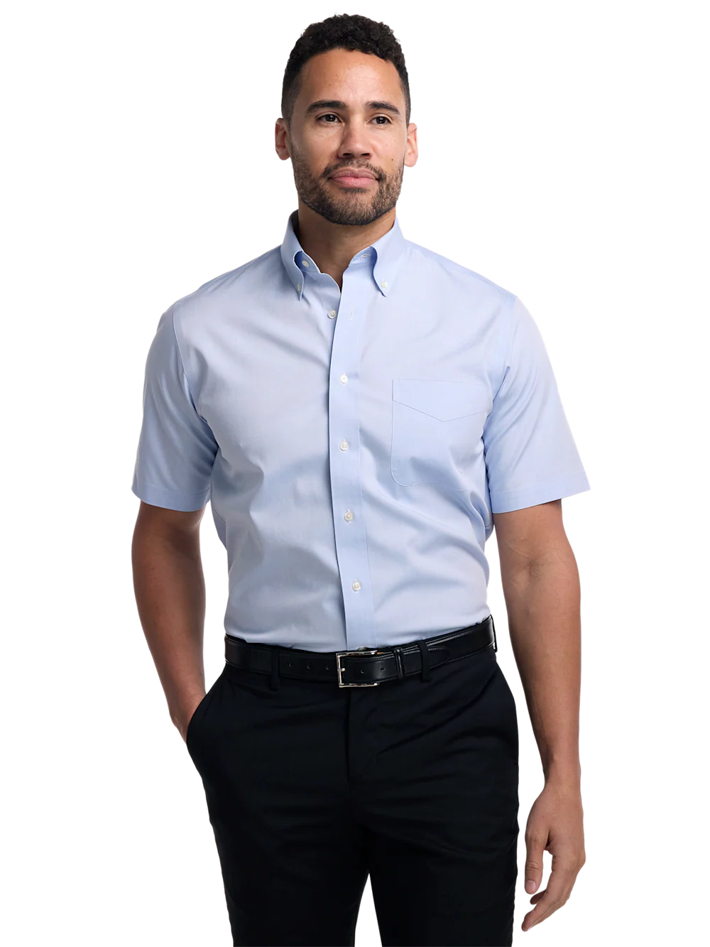 Non-Iron Cotton Pinpoint Solid Button Down Collar Short Sleeve Dress Shirt - Blue - Image 2