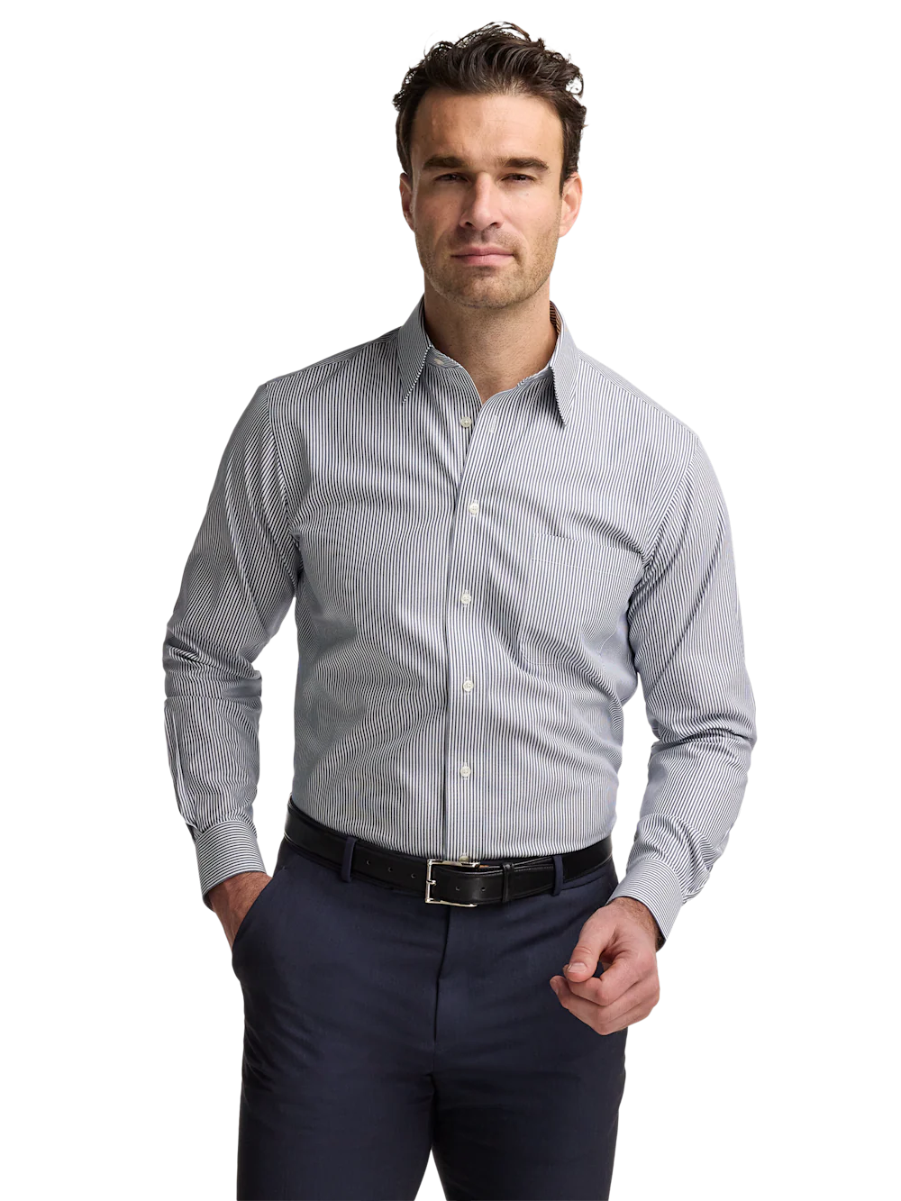 Non-Iron Cotton Pinpoint Solid Point Collar Dress Shirt - Blue Stripe - Image 2