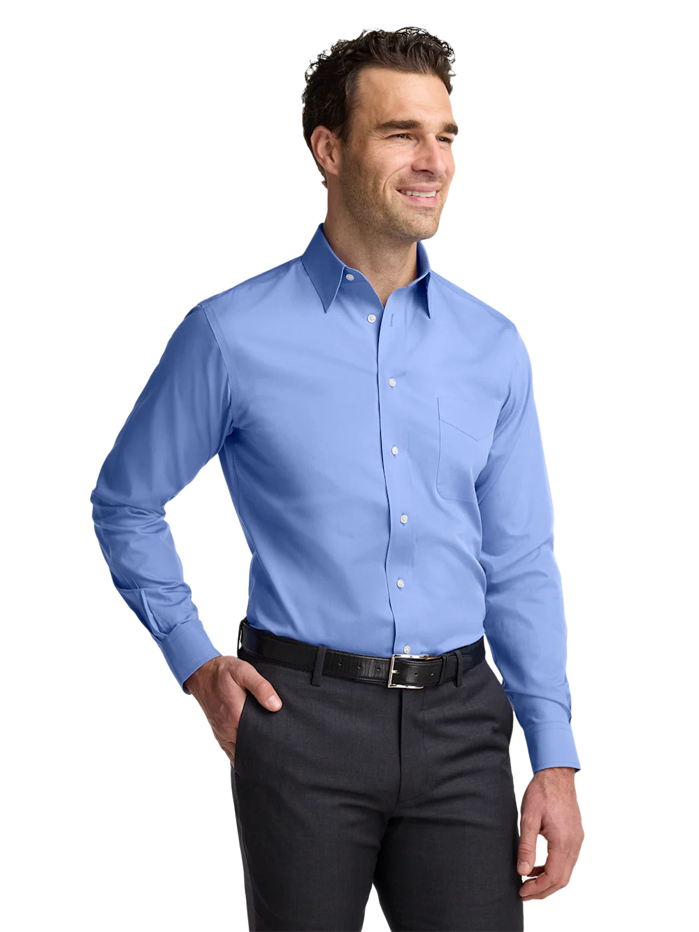 Non-Iron Cotton Pinpoint Solid Point Collar Dress Shirt - French Blue - Image 2