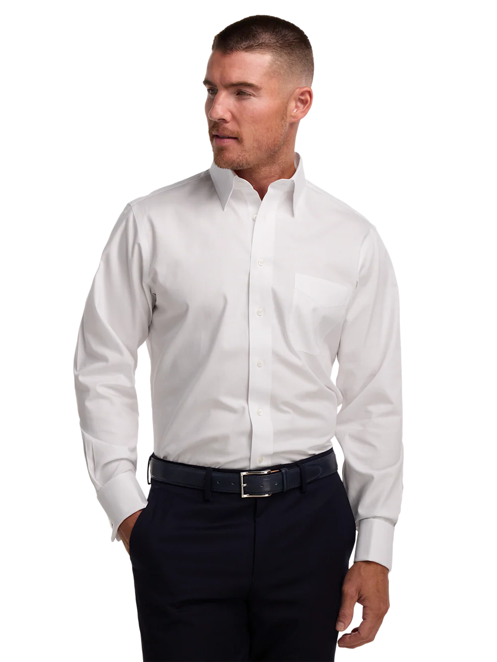 Non-Iron Cotton Pinpoint Solid Point Collar French Cuff Dress Shirt - White - Image 2