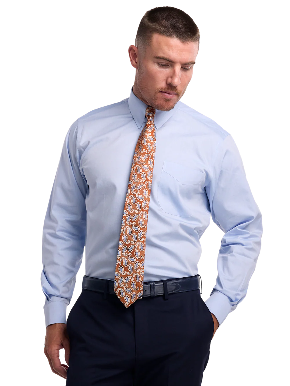 Non-Iron Cotton Pinpoint Solid Snap Tab Collar Dress Shirt - Blue - Image 2