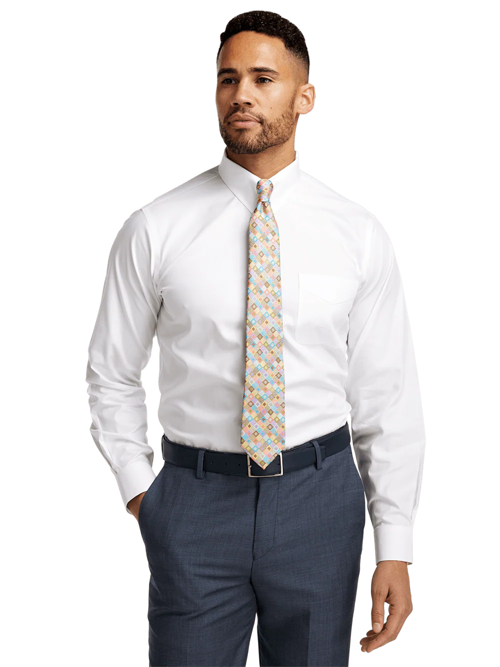 Non-Iron Cotton Pinpoint Solid Snap Tab Collar Dress Shirt - White - Image 2