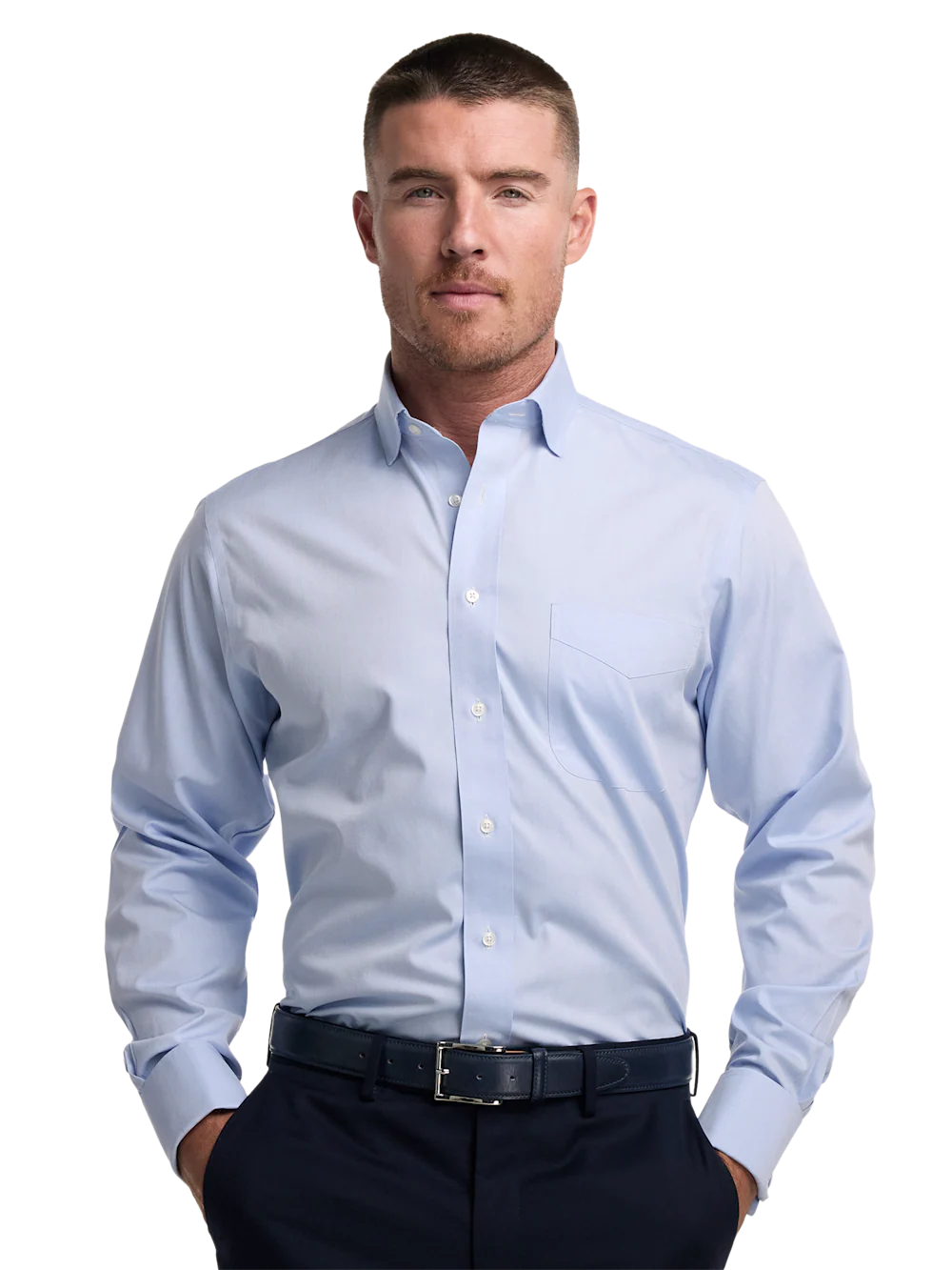 Non-Iron Cotton Pinpoint Solid Spread Collar French Cuff Dress Shirt - Blue - Image 2