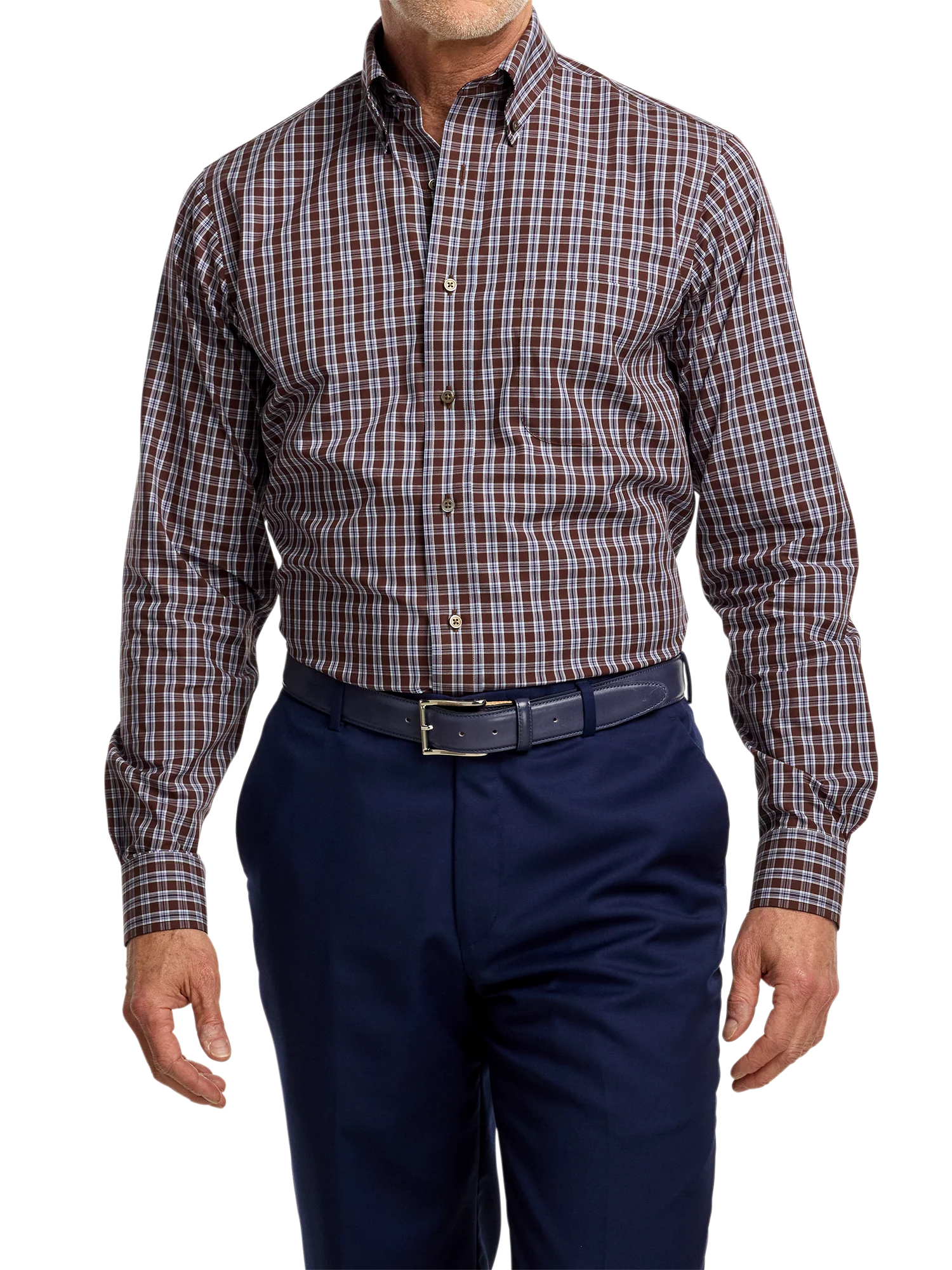 Non-Iron Cotton Plaid Dress Shirt With Contrast Trim - Brown/blue - Image 2