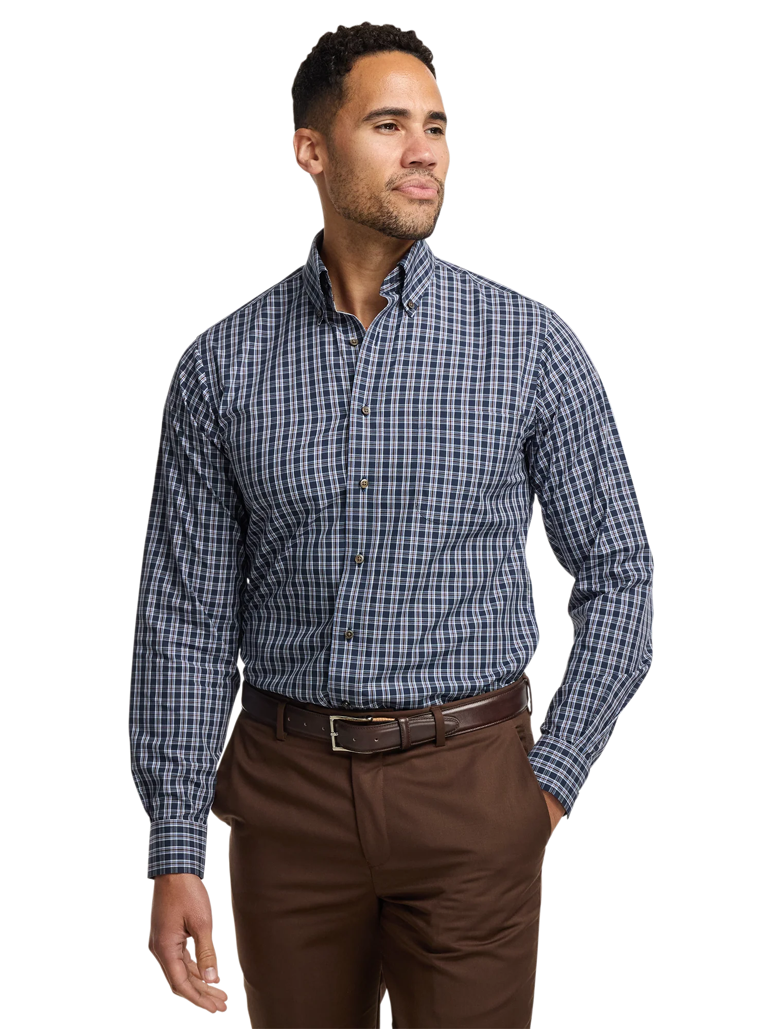 Non-Iron Cotton Plaid Dress Shirt With Contrast Trim - Navy/brown - Image 2