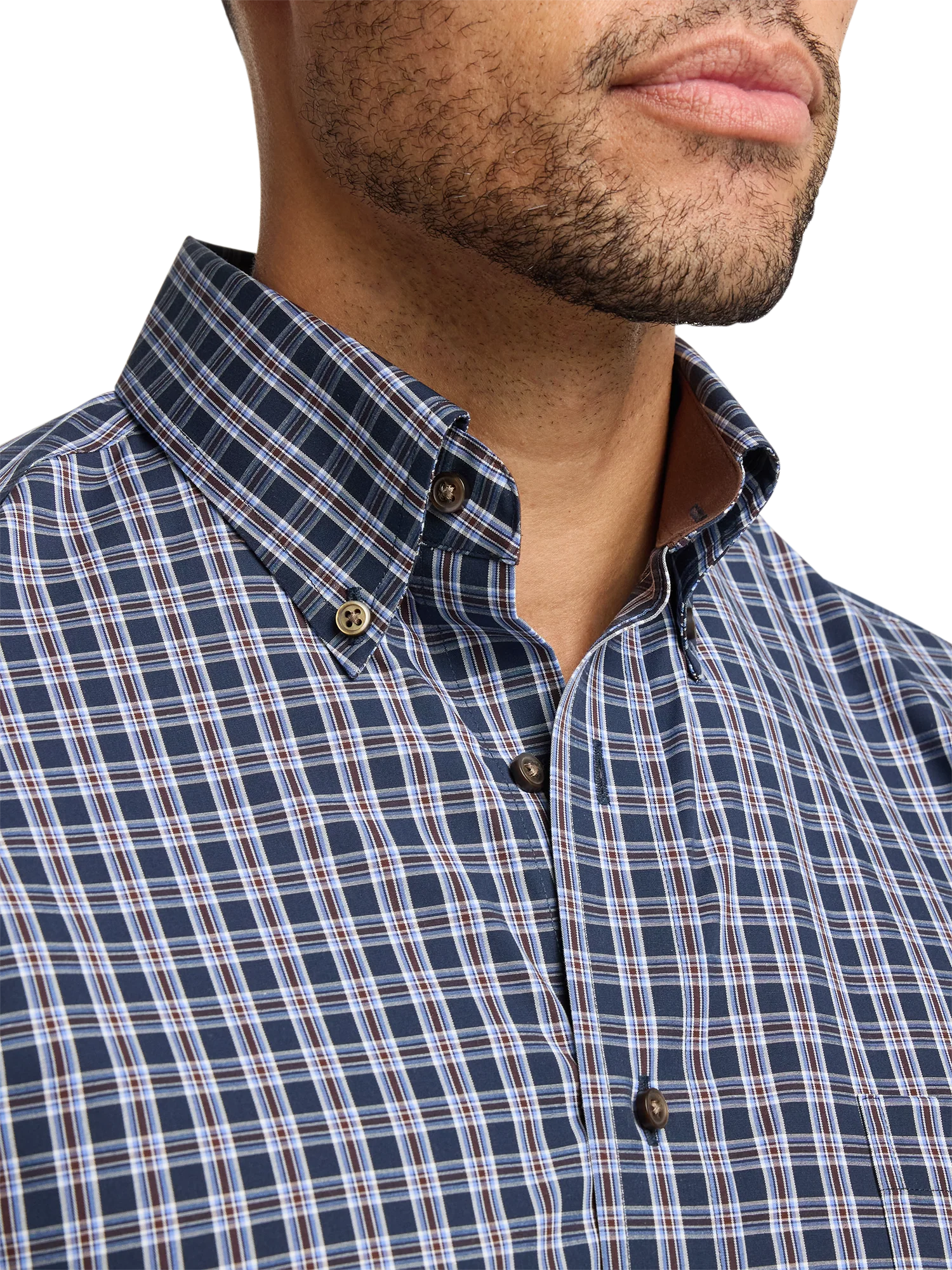 Non-Iron Cotton Plaid Dress Shirt With Contrast Trim - Navy/brown - Image 3