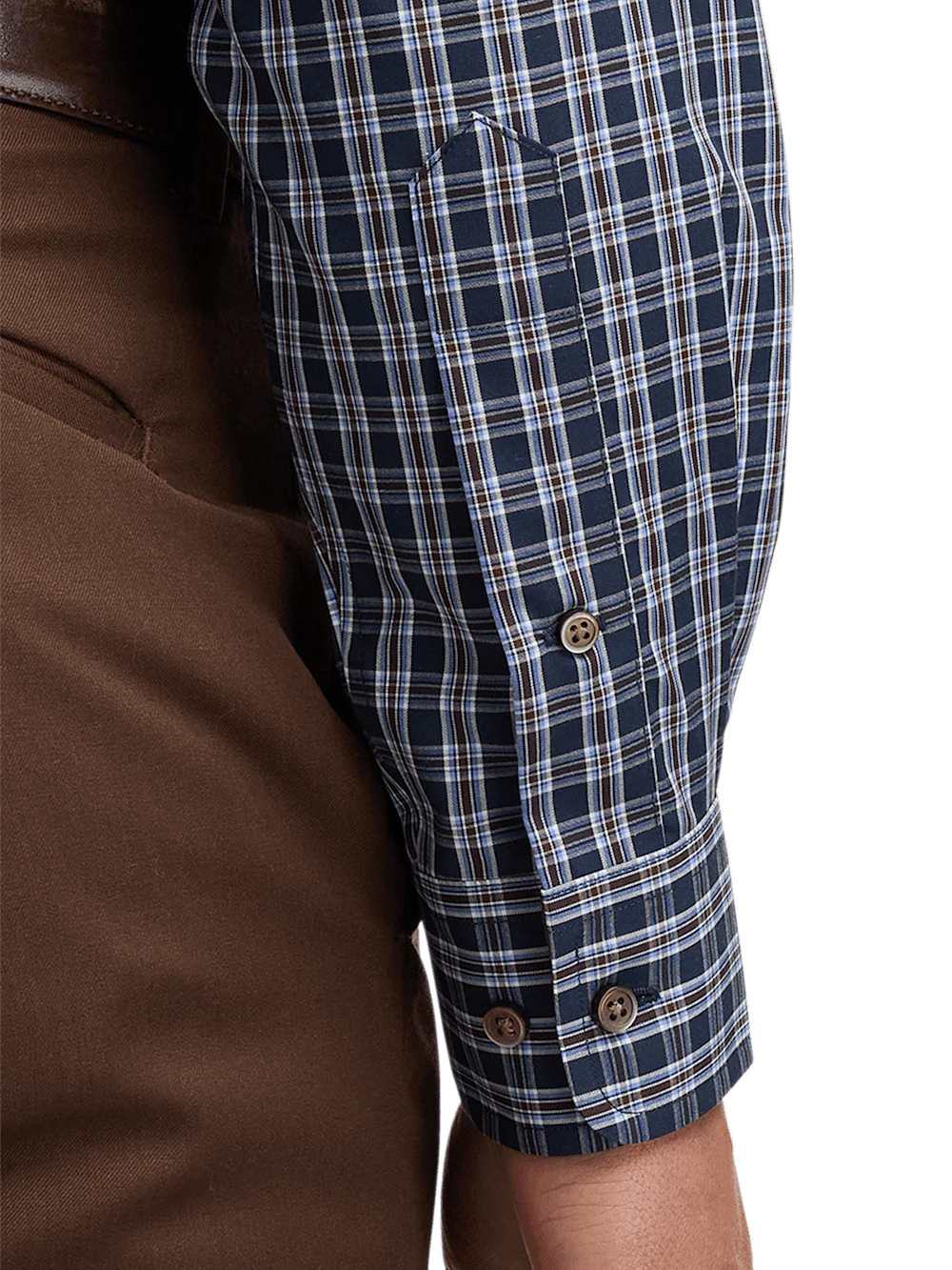 Non-Iron Cotton Plaid Dress Shirt With Contrast Trim - Navy/brown - Image 4