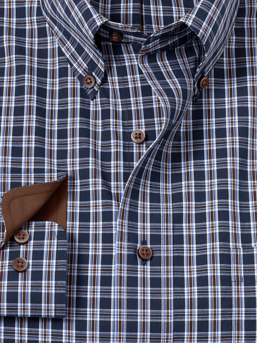 Non-Iron Cotton Plaid Dress Shirt With Contrast Trim - Navy/brown - Image 6