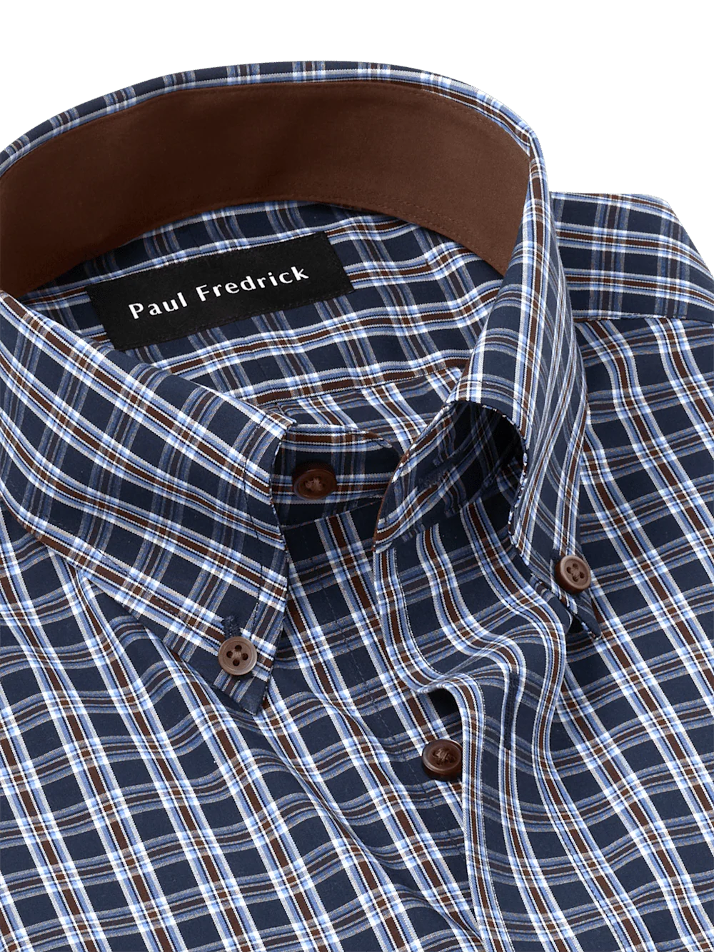 Non-Iron Cotton Plaid Dress Shirt With Contrast Trim - Navy/brown - Image 7