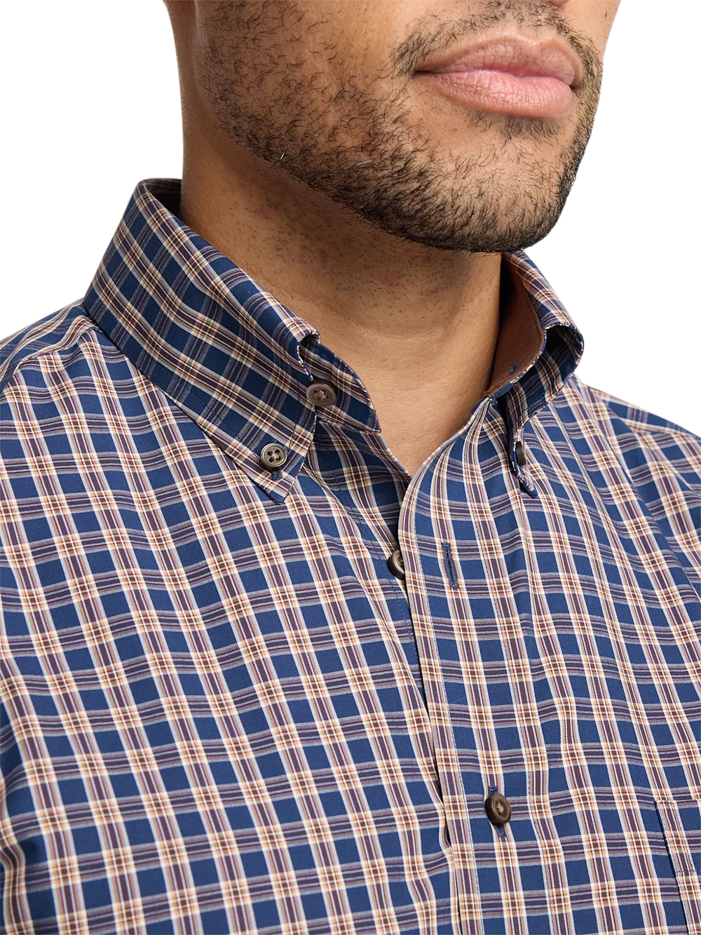 Non-Iron Cotton Plaid Dress Shirt With Contrast Trim - Blue/brown - Image 3