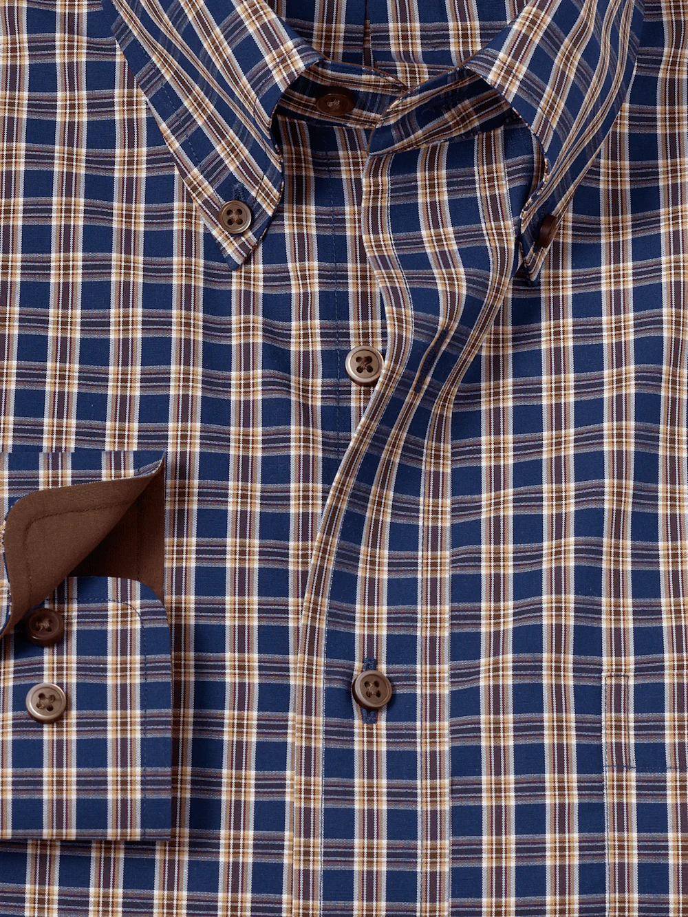 Non-Iron Cotton Plaid Dress Shirt With Contrast Trim - Blue/brown - Image 6