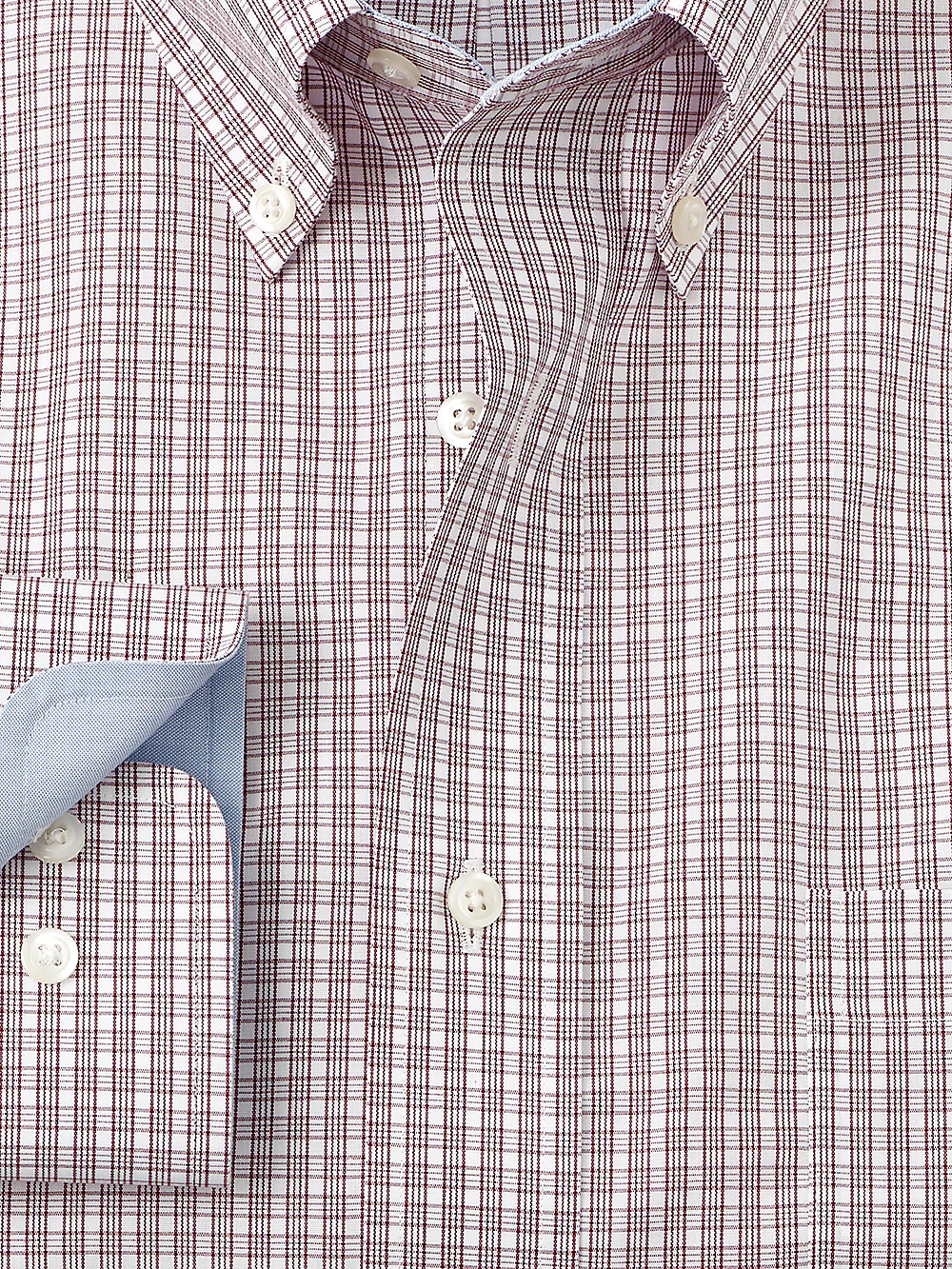 Non-Iron Cotton Plaid Dress Shirt With Contrast Trim - Burgundy - Image 2