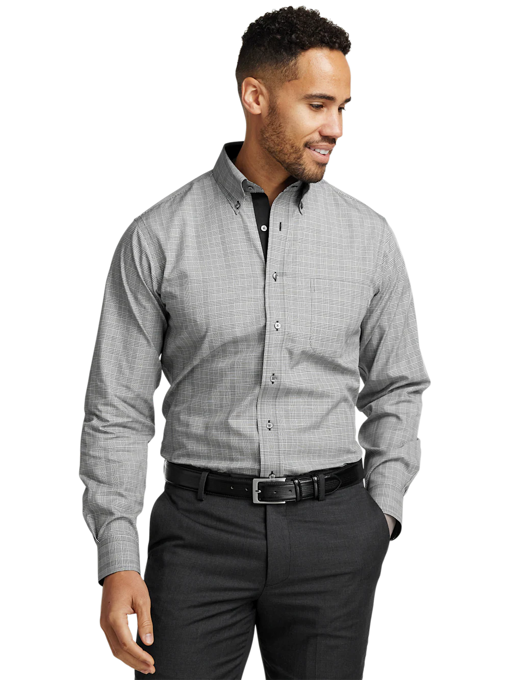 Non-Iron Cotton Plaid Dress Shirt With Contrast Trim - Black - Image 2